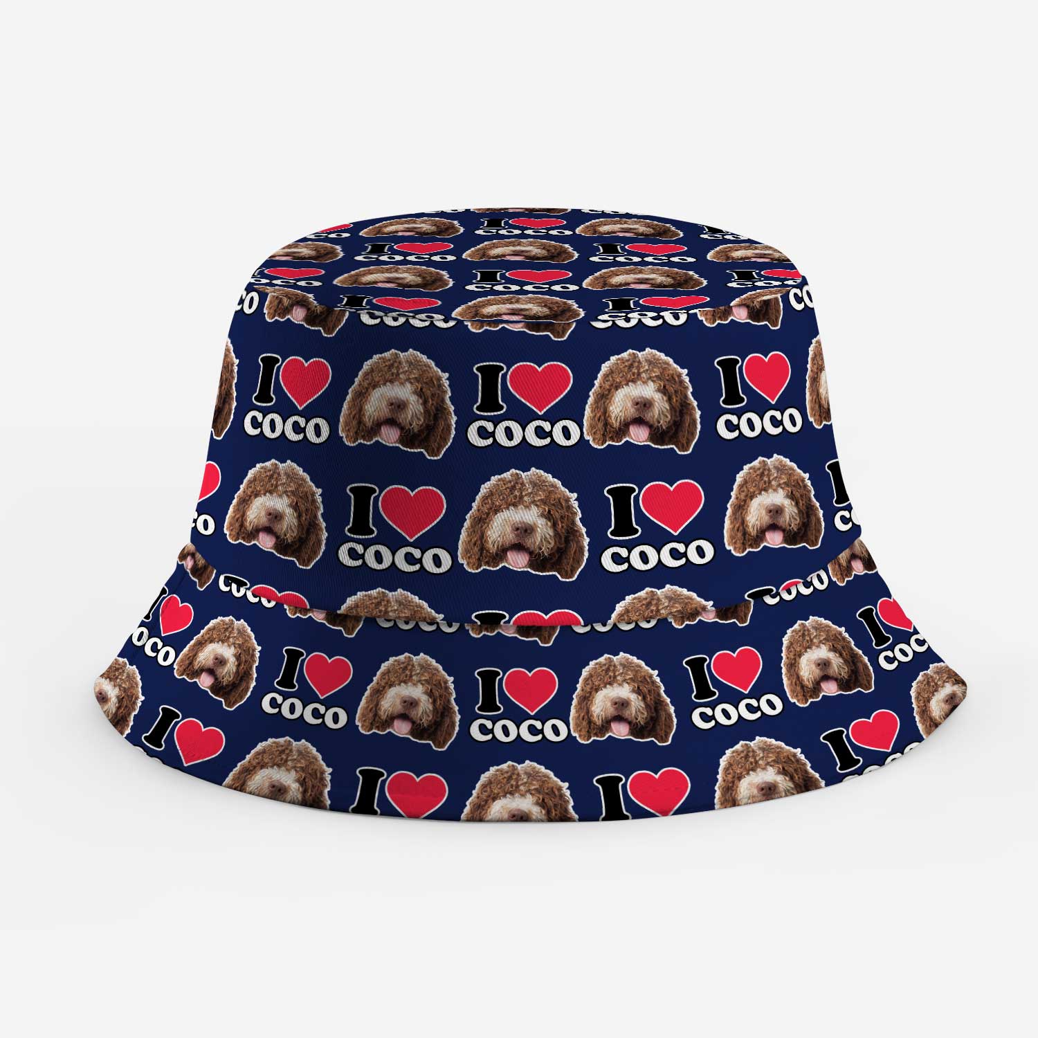 Bucket hat with 'I love Coco' pattern on a blue background