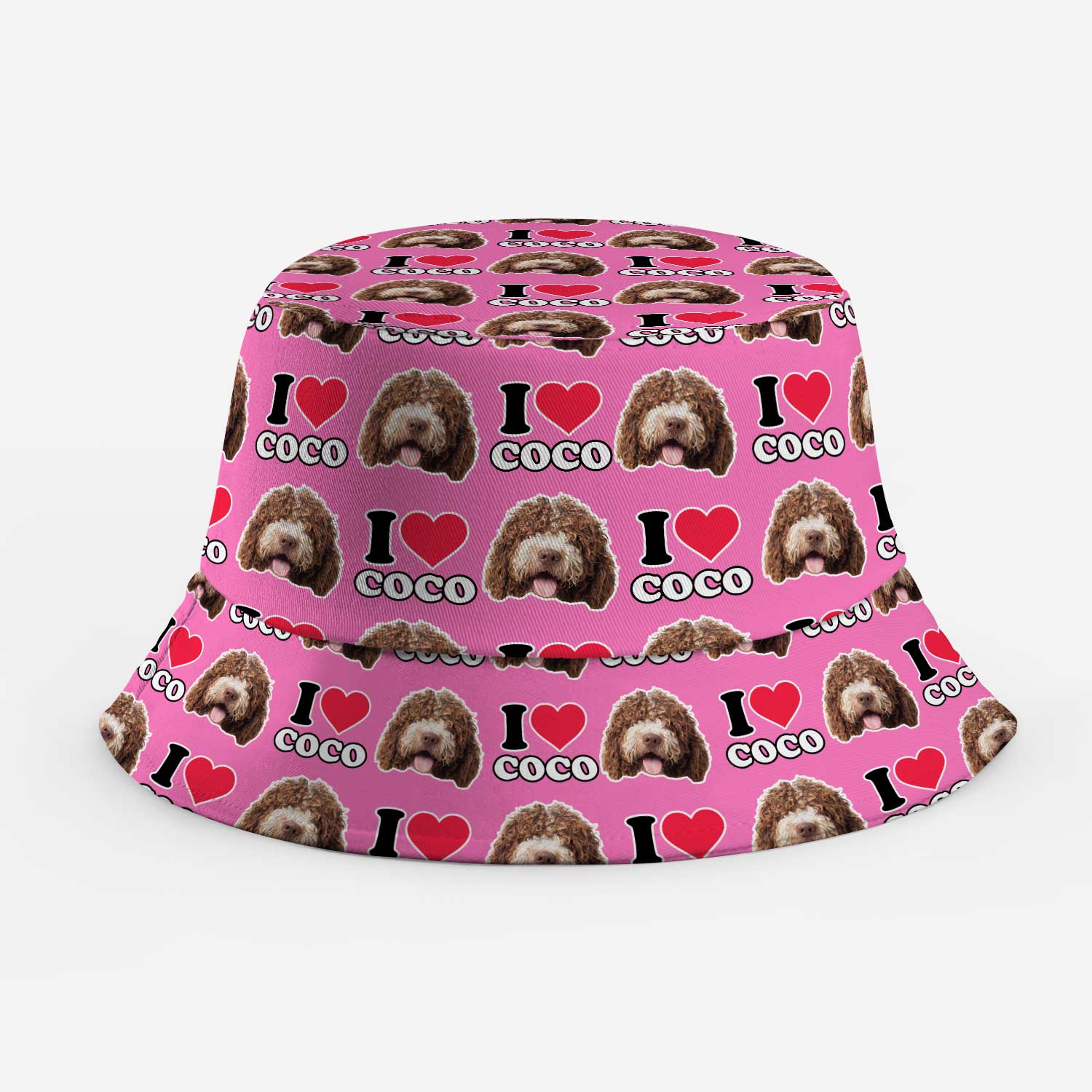 Pink bucket hat with 'I love Coco' pattern on a white background