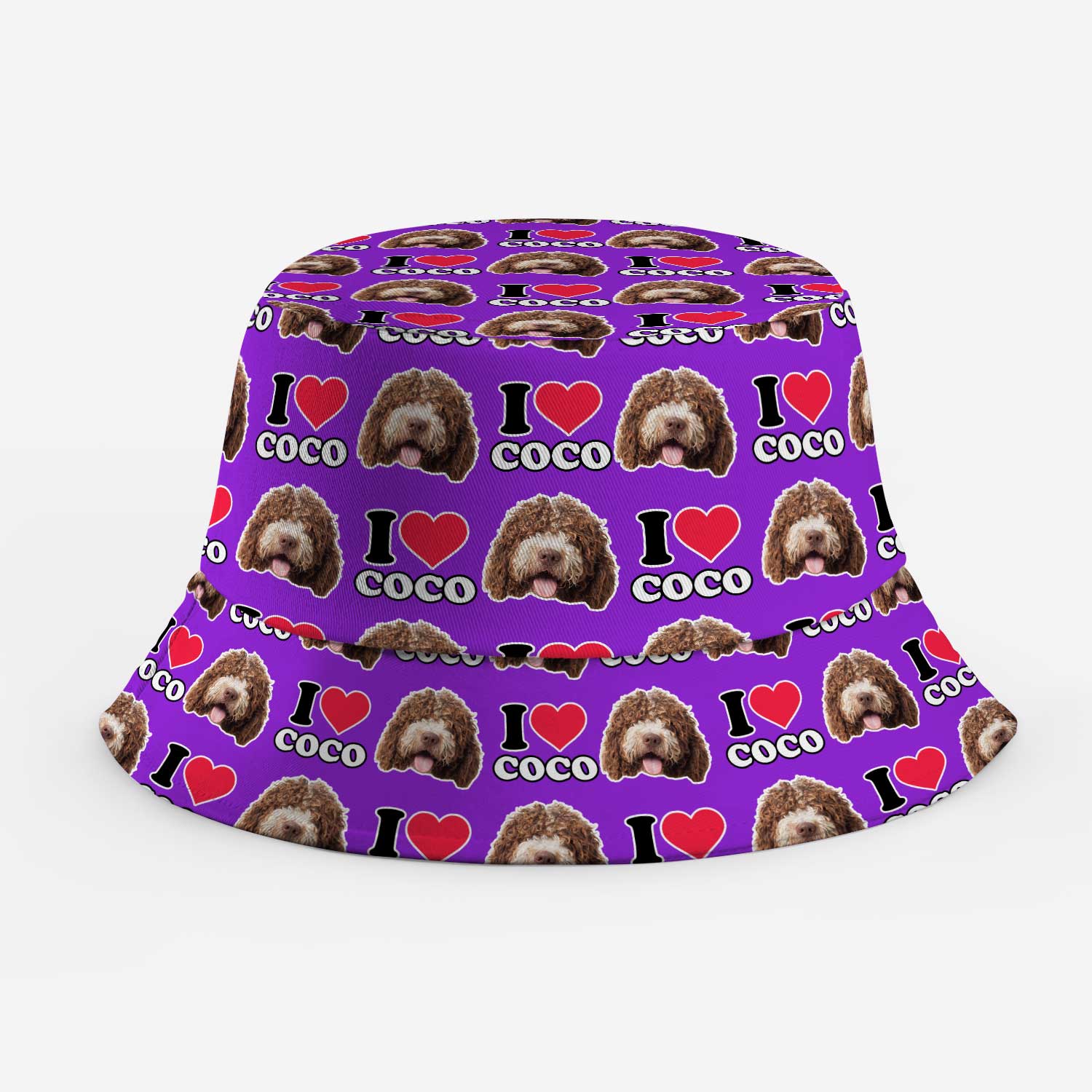 Purple bucket hat with 'I love Coco' pattern on a white background