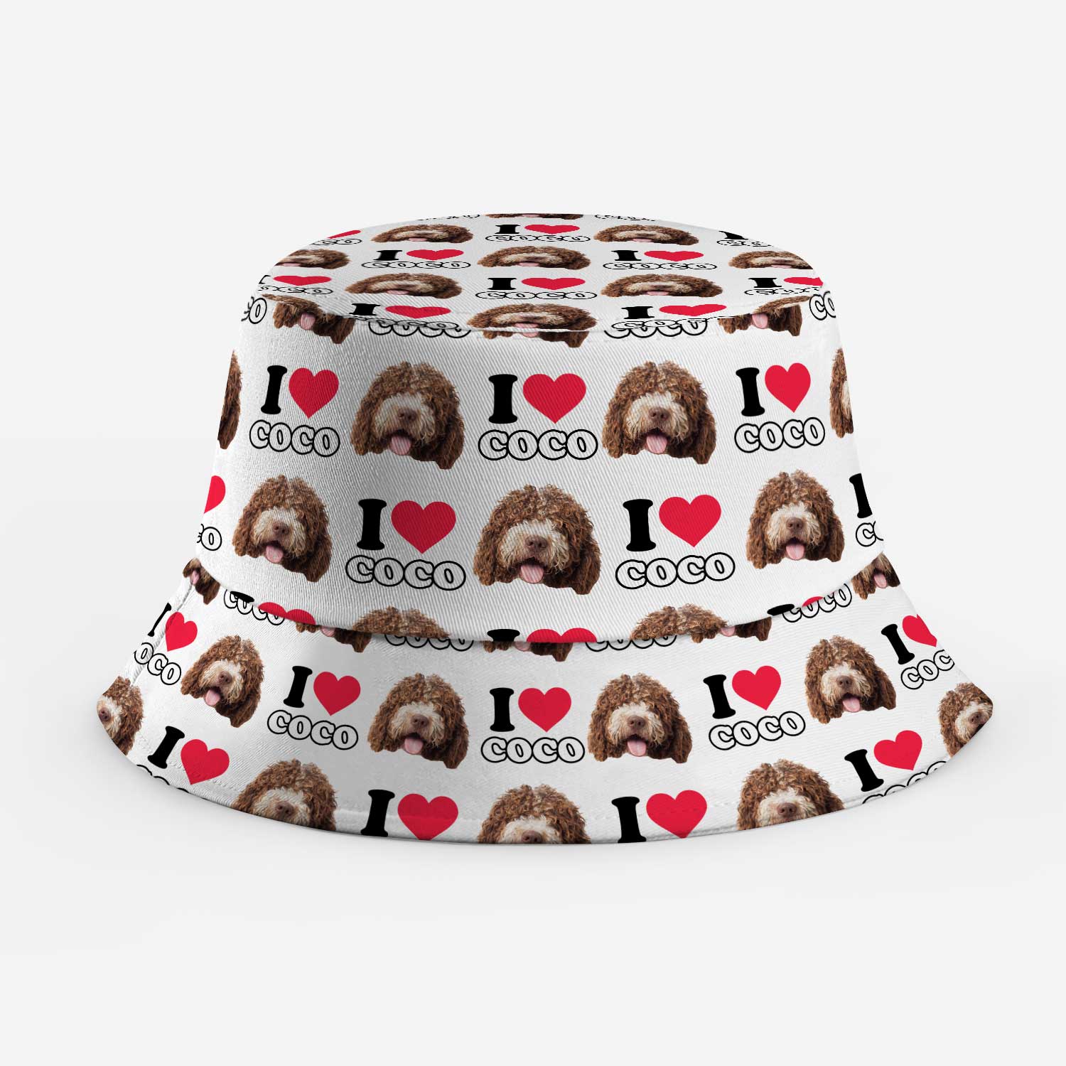 Bucket hat with 'I love Coco' pattern on a white background