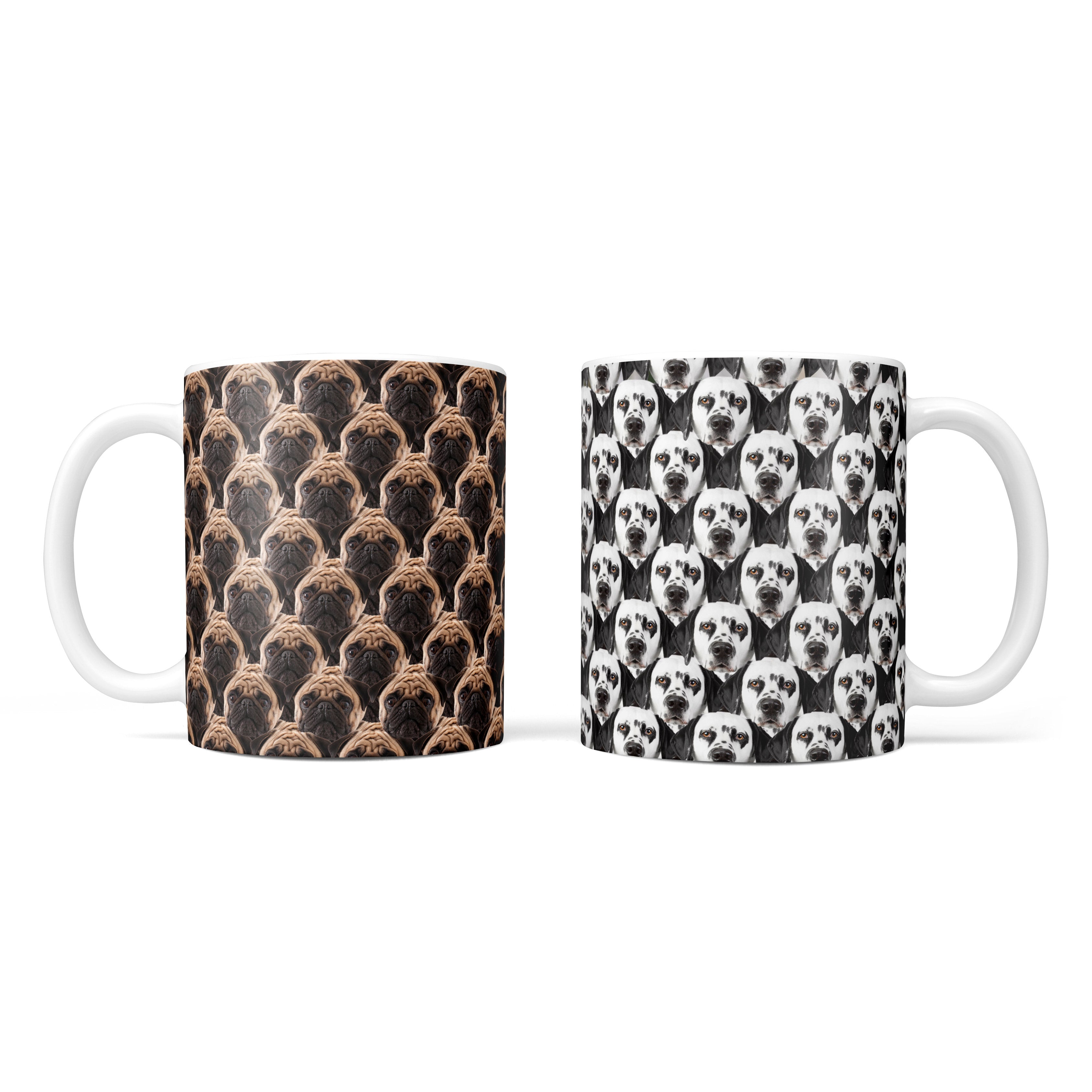 Two mugs with dog pattern designs on a white background