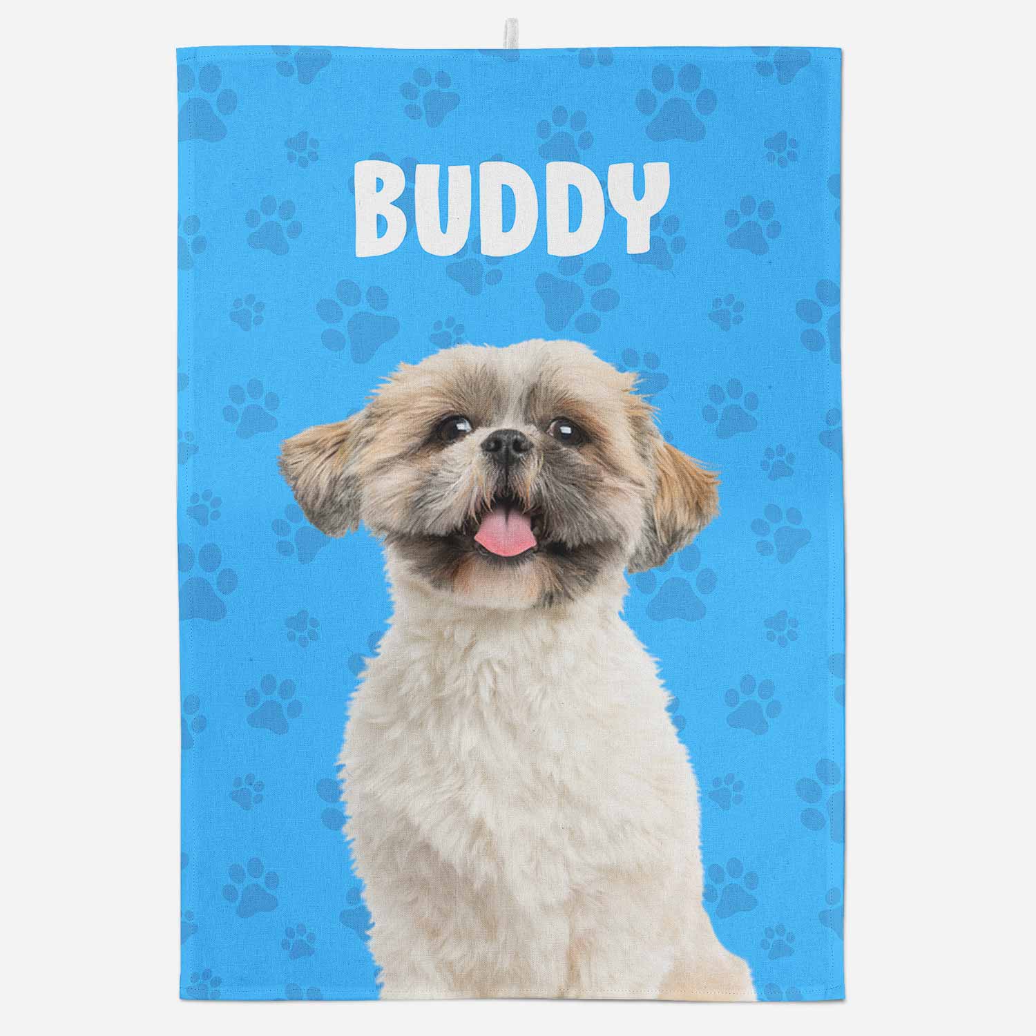 Dog towel with a dog's face and 'Buddy' text on a blue background with paw prints