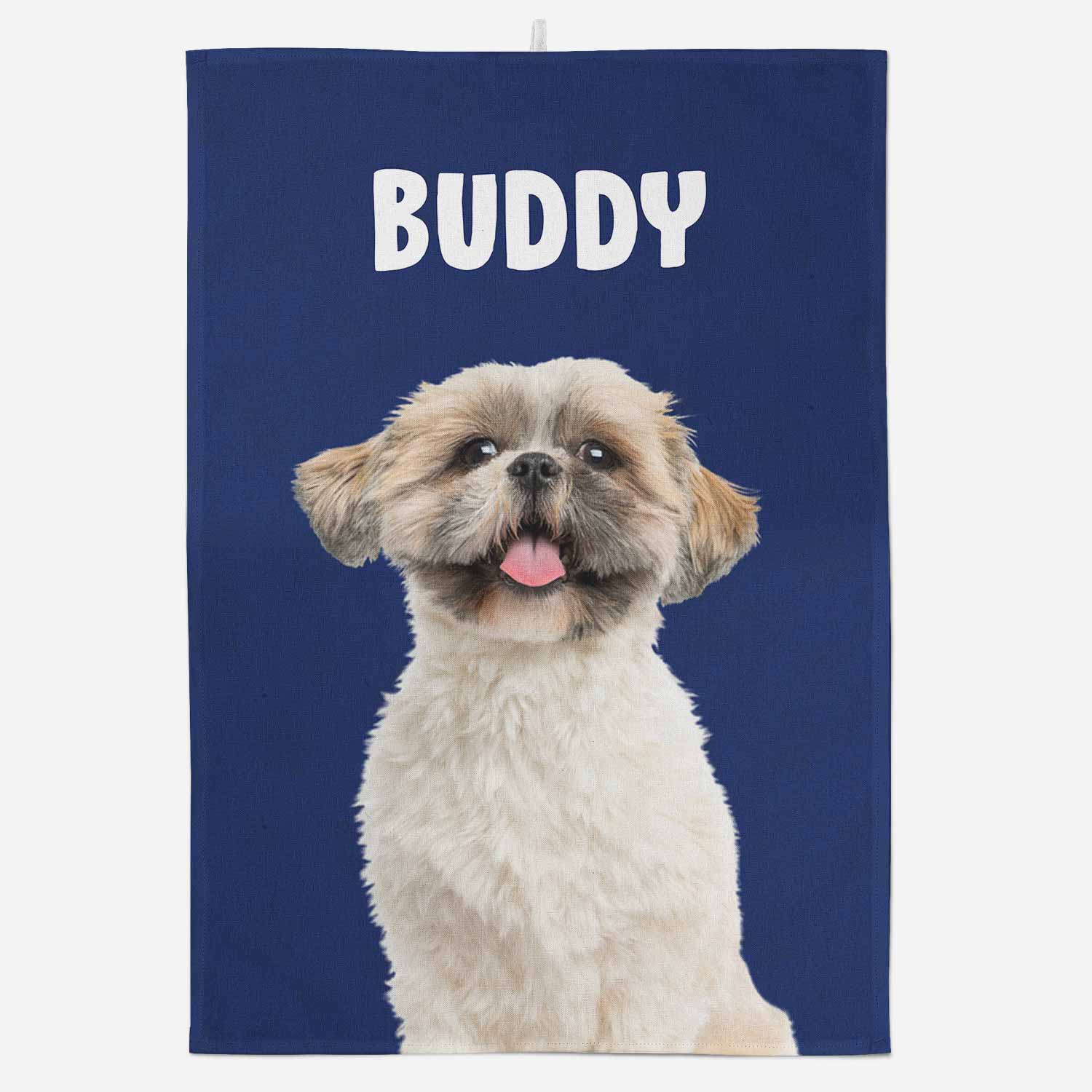 Navy blue towel with a dog's face and the name 'Buddy' on a white background