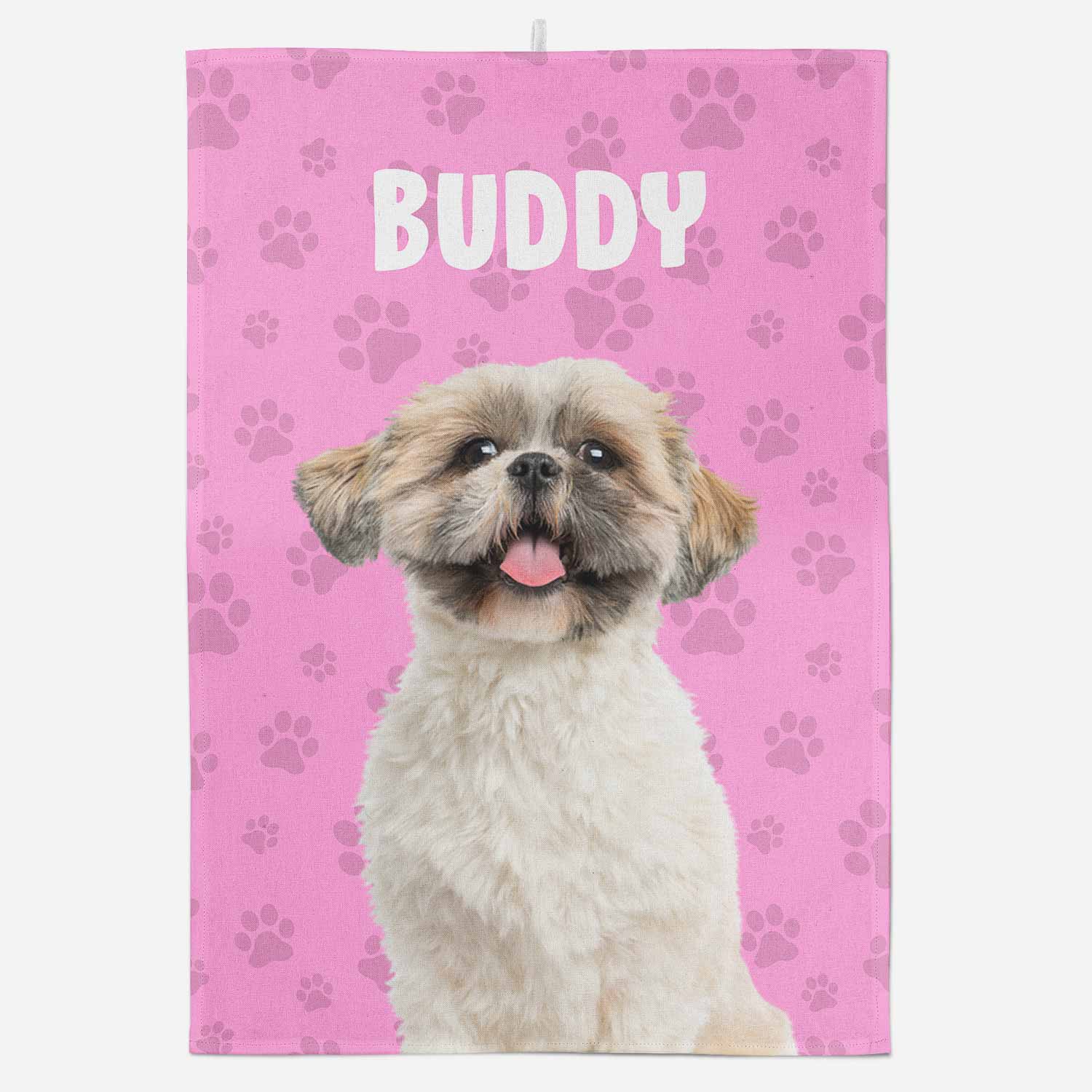 Dog with name 'Buddy' on a pink background with paw prints