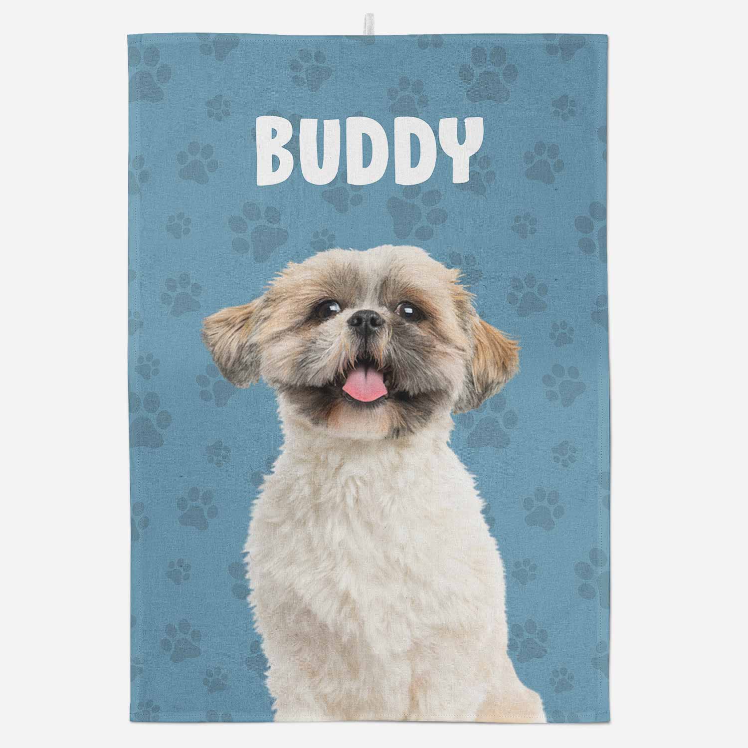 Dog towel with a dog's face and 'Buddy' text on a blue background with paw prints