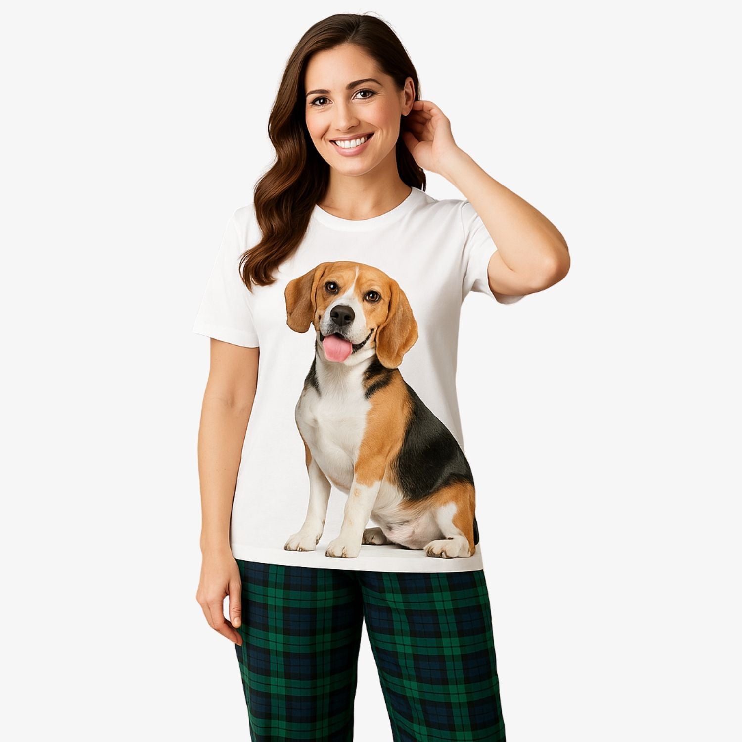 Women's Dog Face Pajamas - Green Tartan Trouser Set