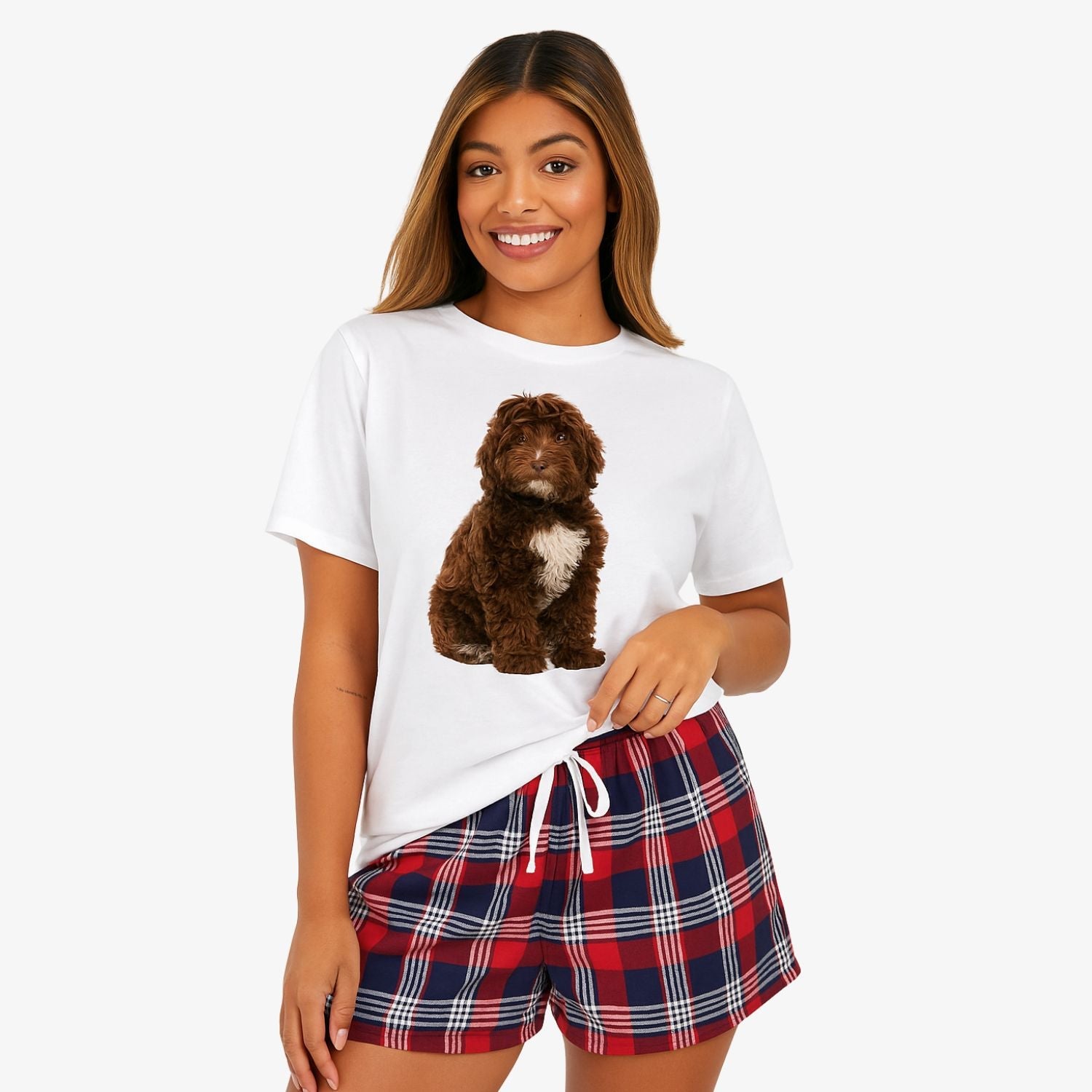 Women's Dog Face Pajamas - Red Tartan Shorts Set