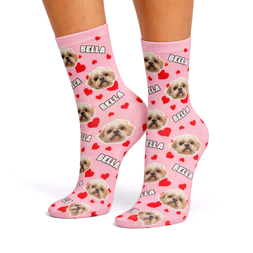Heart Pattern Personalized Dog Socks With Name & Face
