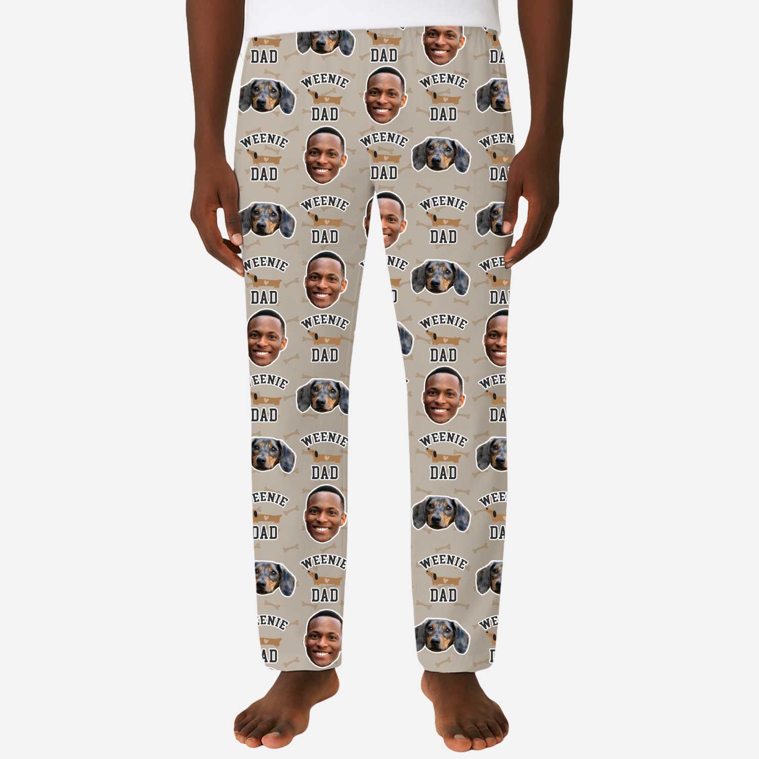 Leggings with 'Dad' and 'Weenie Dad' text and dog images on a beige background.