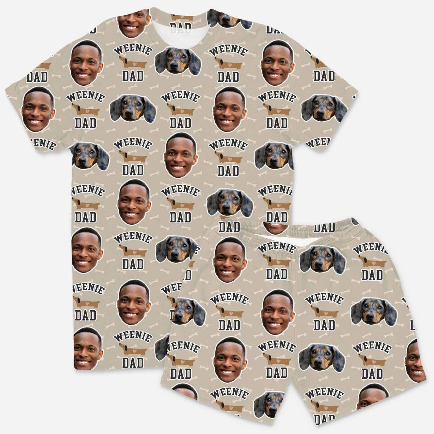 T-shirt with 'Weenie Dad' and 'Dad' text pattern on a beige background