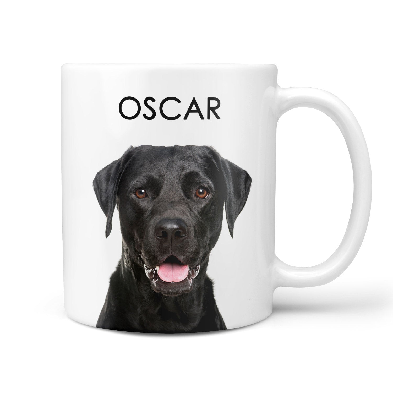 White mug with a black dog's face and the name 'OSCAR' printed on it.