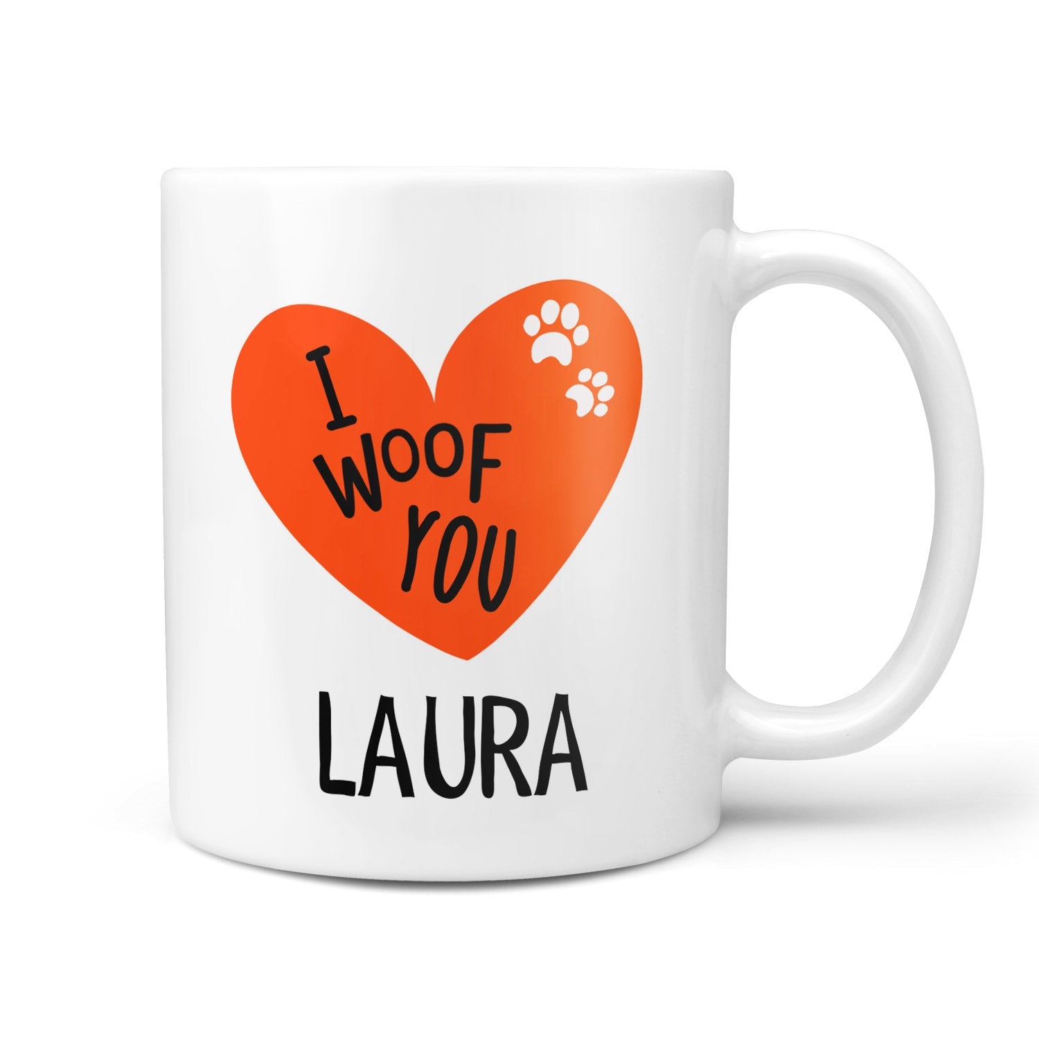 White mug with a red heart design and text 'I WOOF YOU LAURA' on a white background