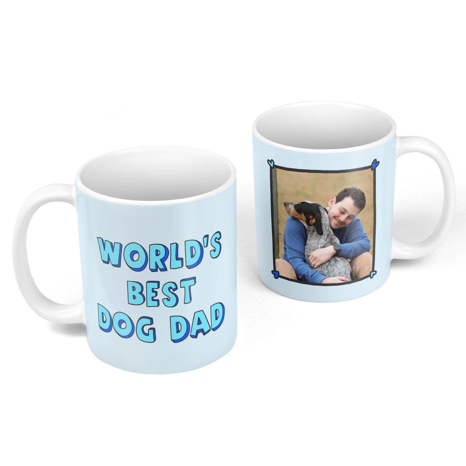 Two mugs, one with 'World's Best Dog Dad' text and the other with a photo of a couple holding a dog.