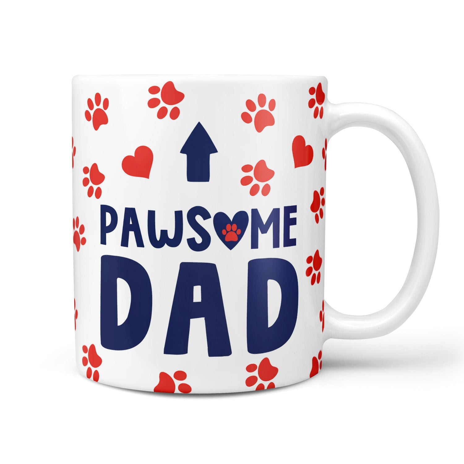 White mug with 'PAWSOME DAD' text and paw print design on a white background