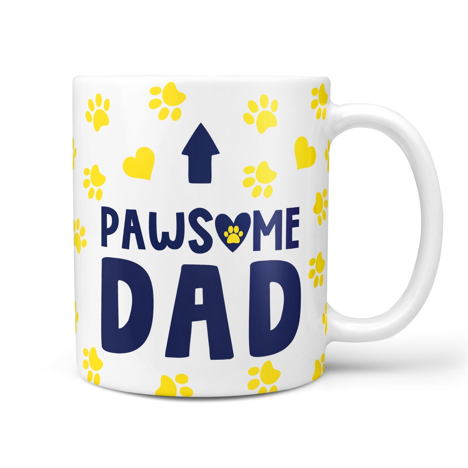 White mug with 'PAWSOME DAD' text and paw print design on a white background