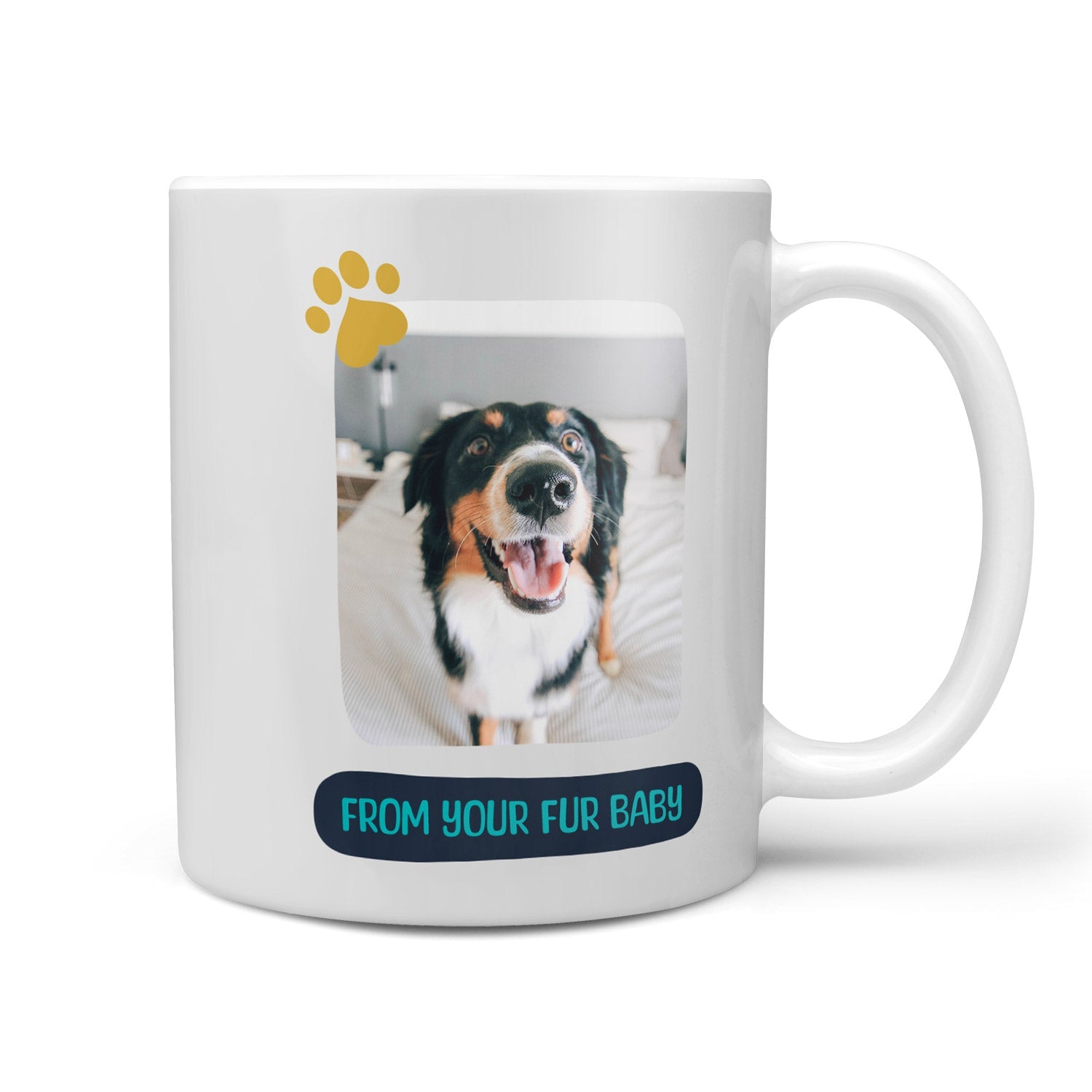 White mug with a photo of a dog and text 'From your fur baby' on a white background