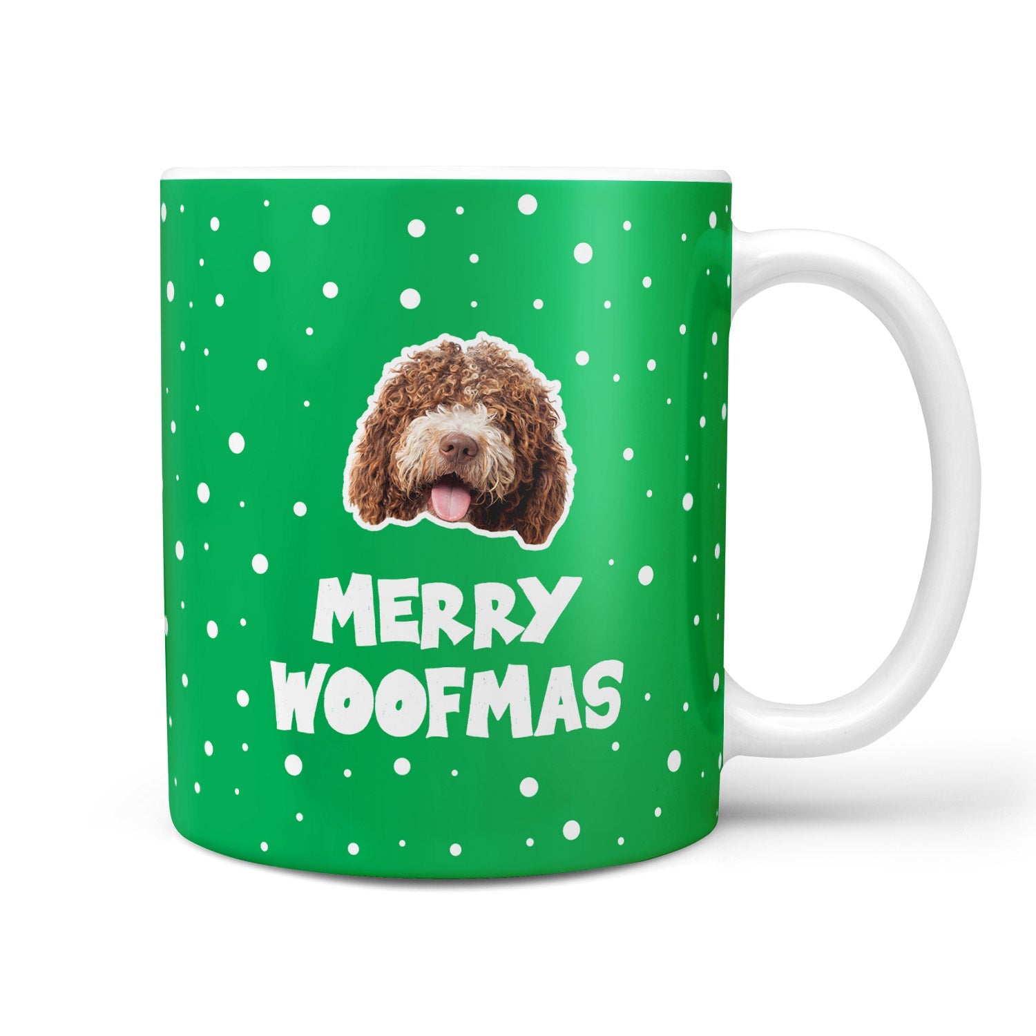 Green mug with white polka dots featuring a dog's face and 'Merry Woofmas' text on a white background