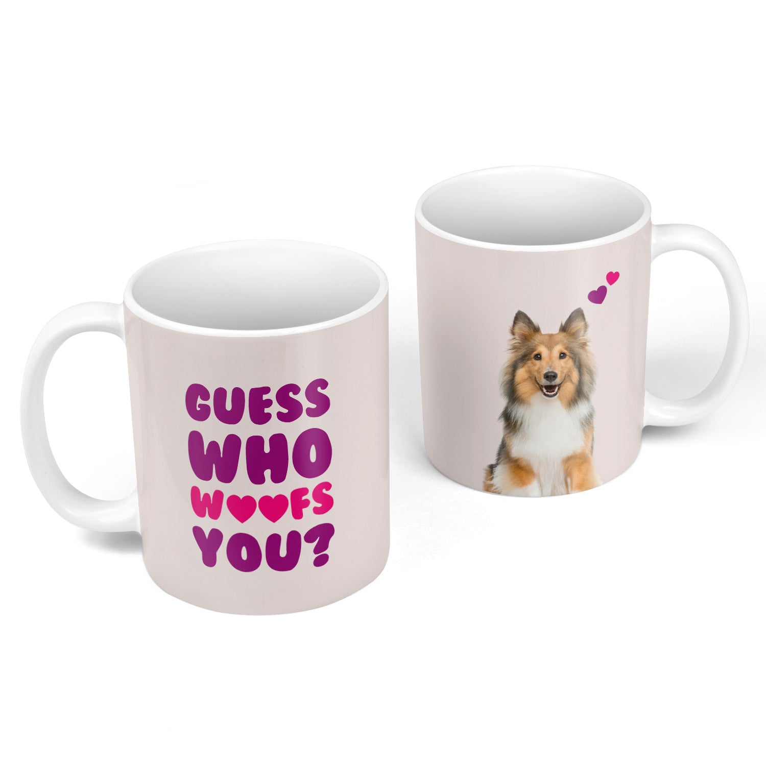 Two mugs, one with a dog illustration and the other with text, on a white background