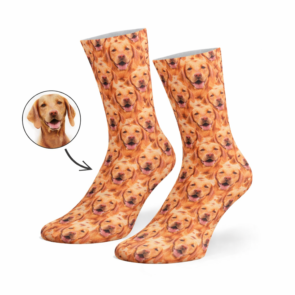 Socks with a dog's face pattern on a white background