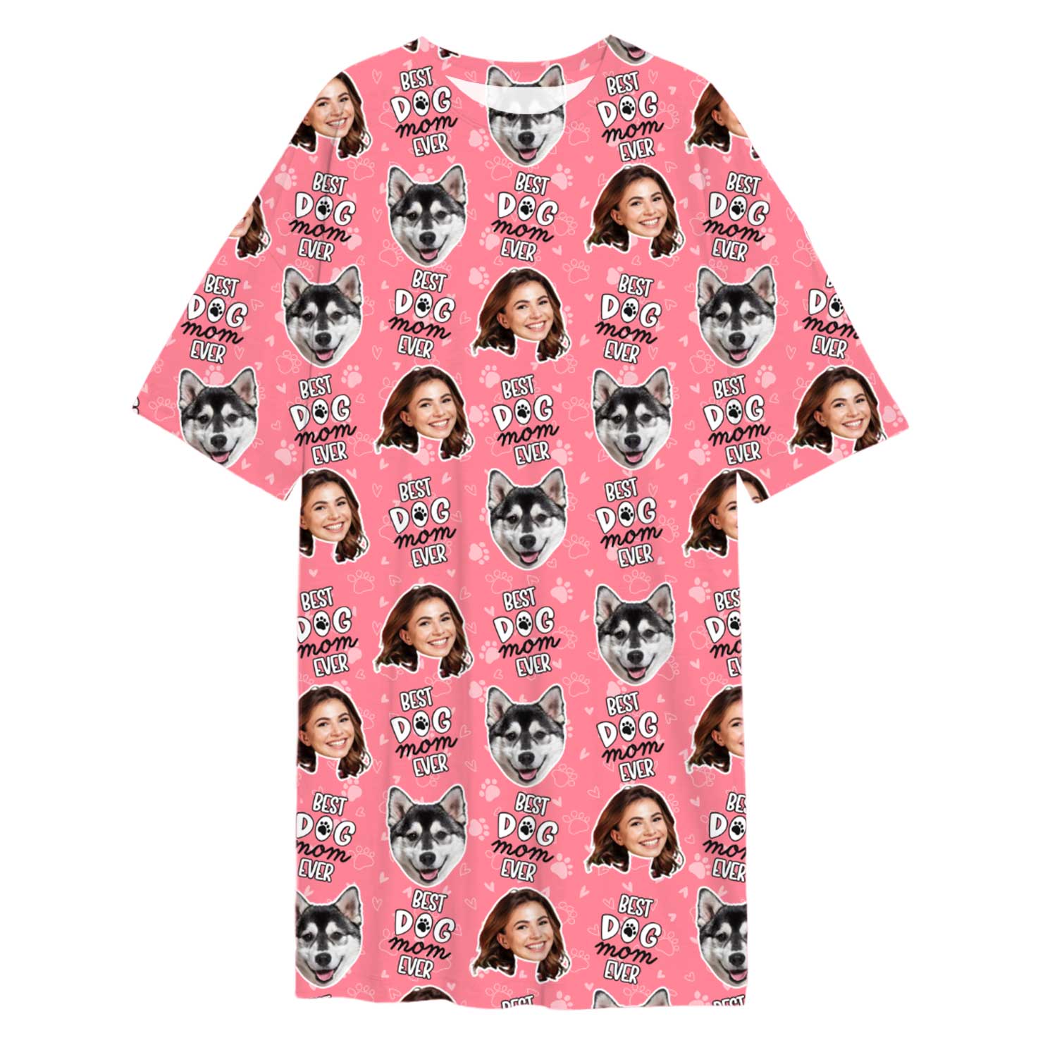 Pink dress with 'Best Dog Mom Ever' text and dog faces on a white background