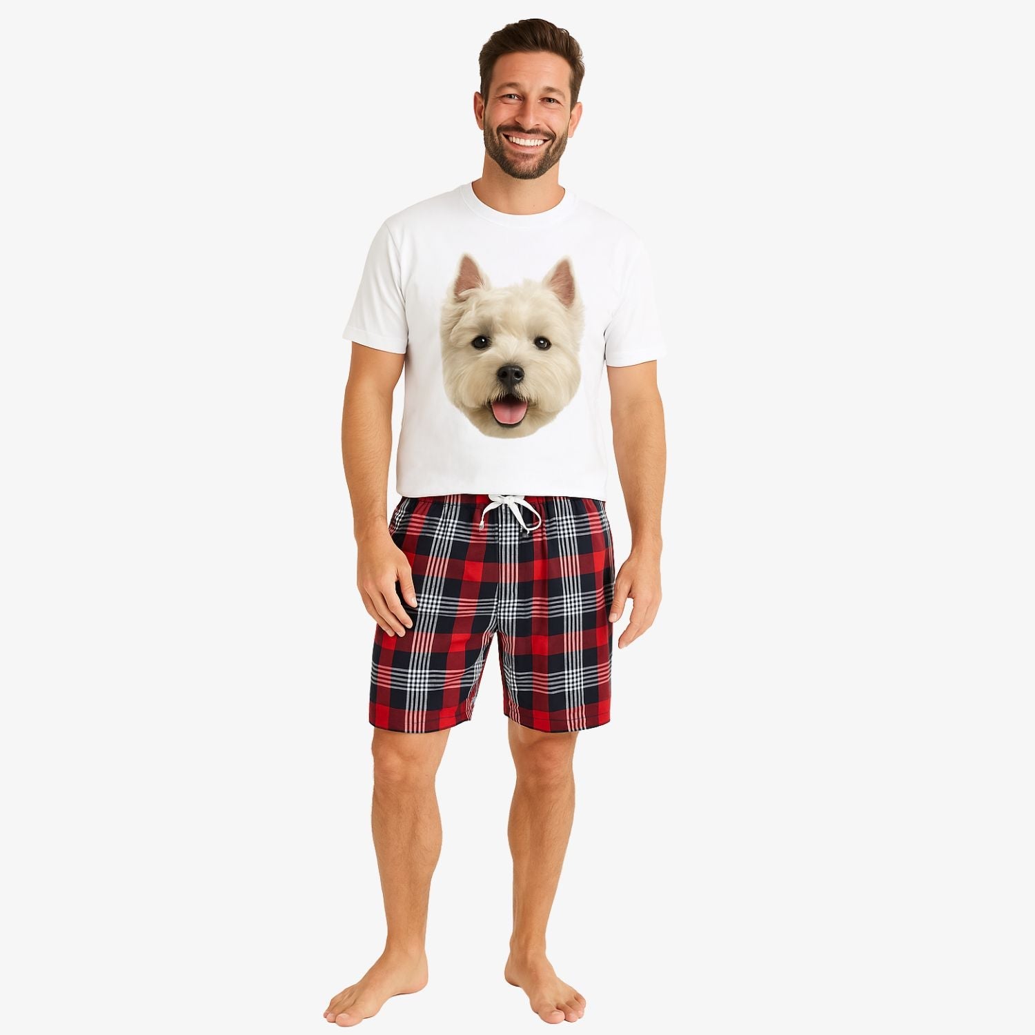 Men's Dog Face Pajamas - Red Tartan Shorts Set