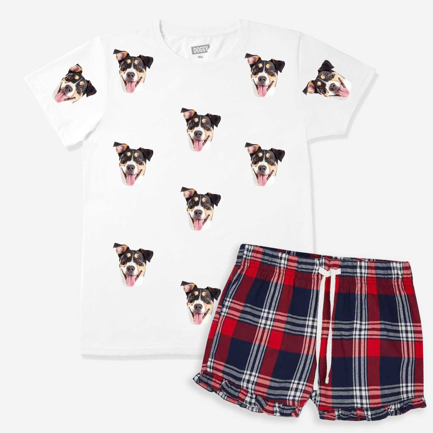 Women's Multi Photo Dog Pajamas - Red Tartan Shorts Set