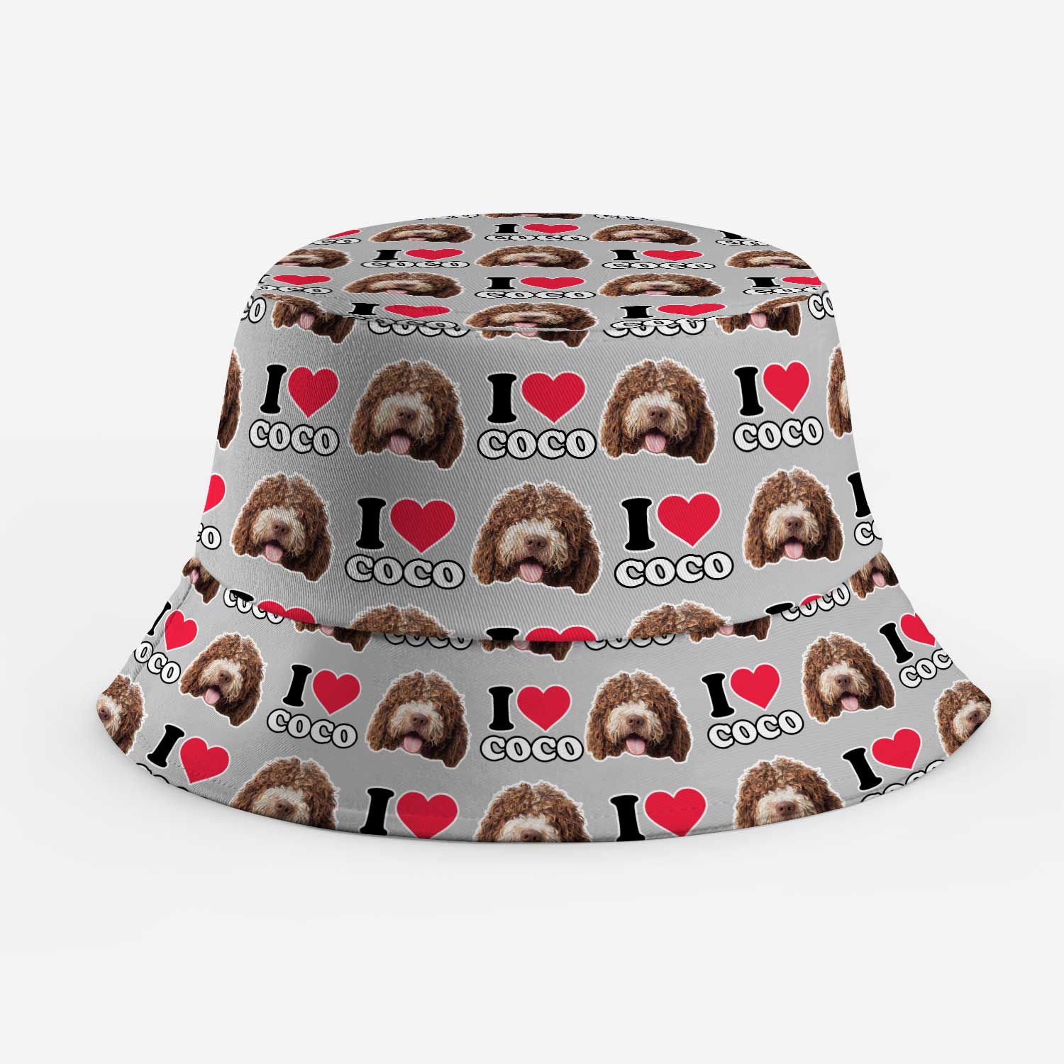 Bucket hat with 'I love Coco' pattern on a gray background