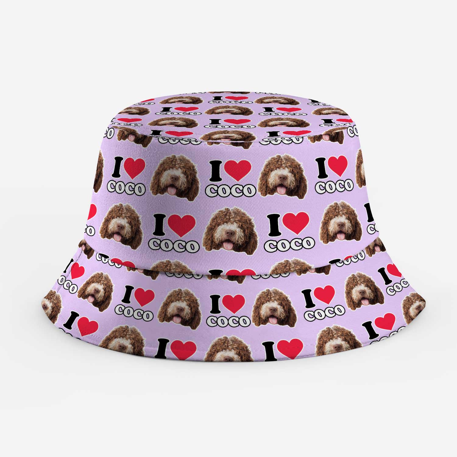Bucket hat with 'I love Coco' pattern on a white background