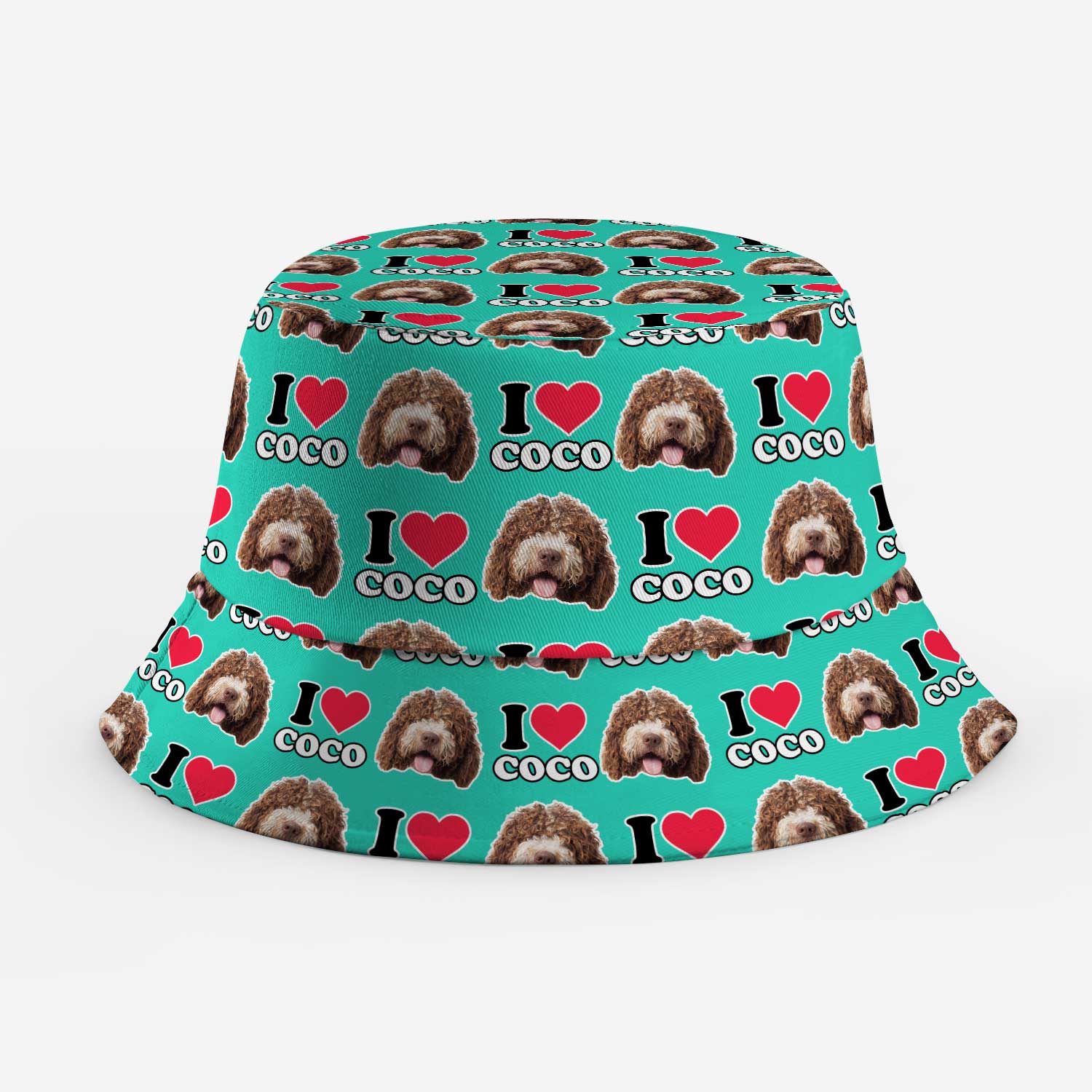Bucket hat with 'I love Coco' pattern on a white background