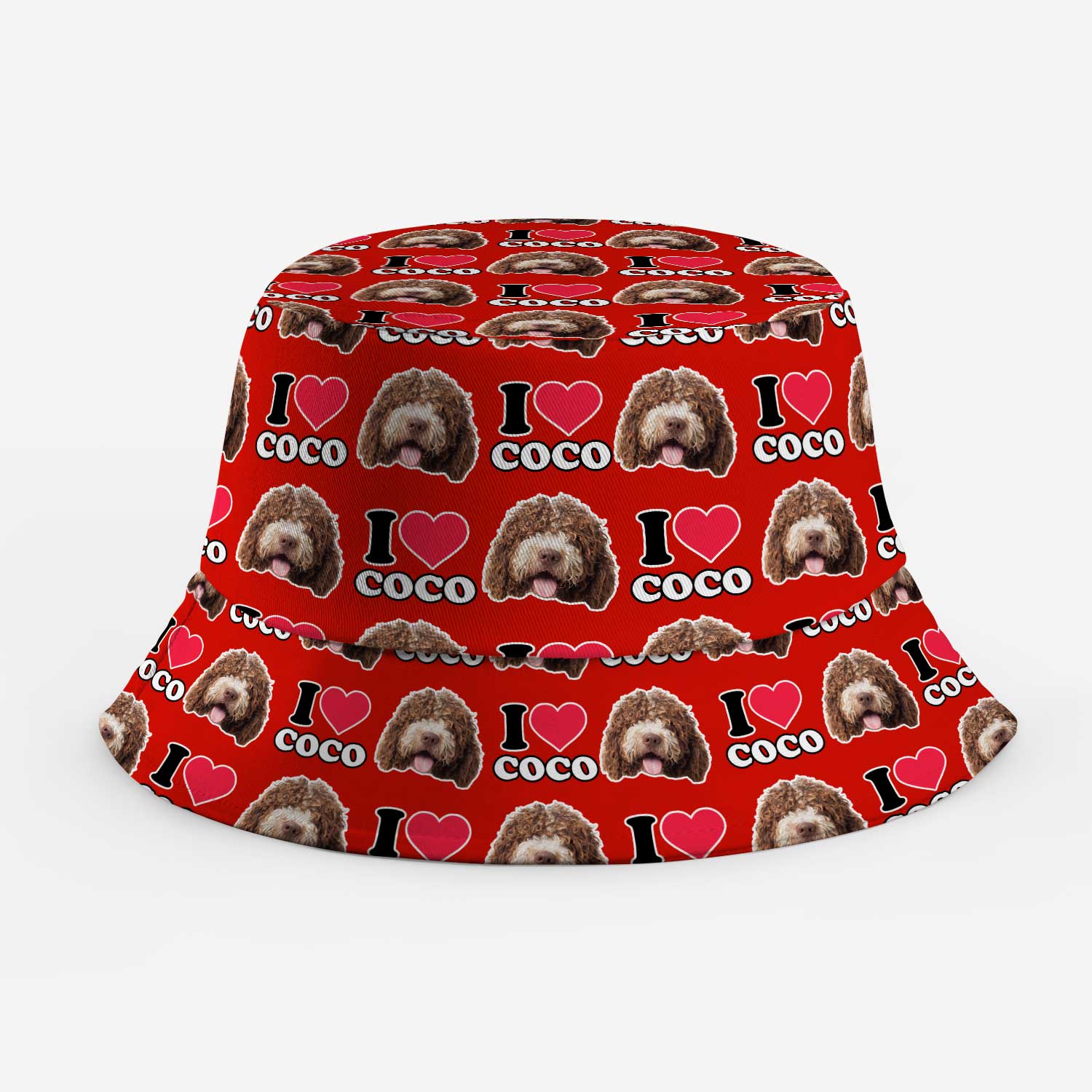 Red bucket hat with 'I love Coco' pattern on a white background