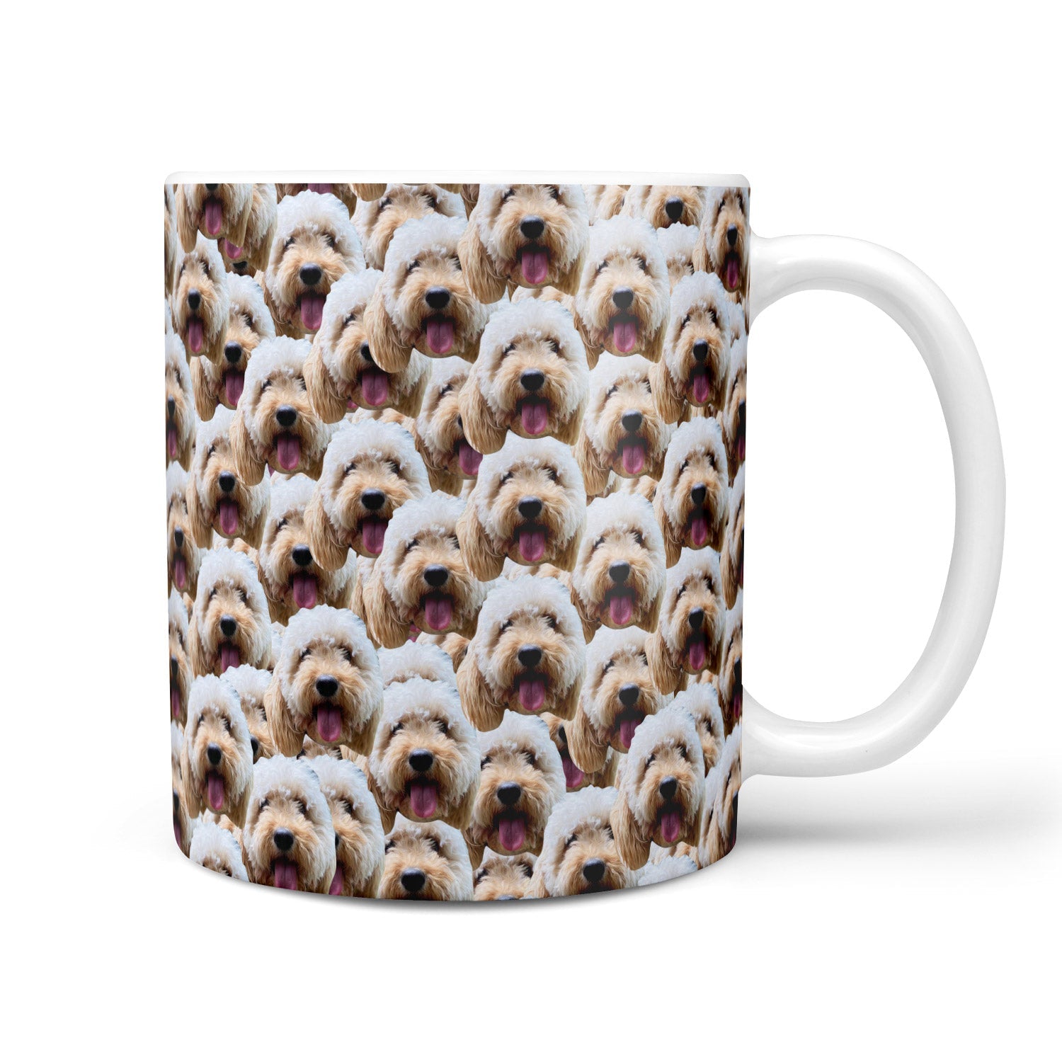 Mug with a pattern of repeated dog faces on a white background