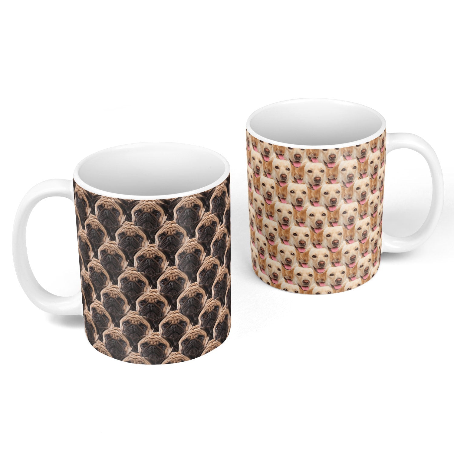 Two mugs with dog pattern designs on a white background