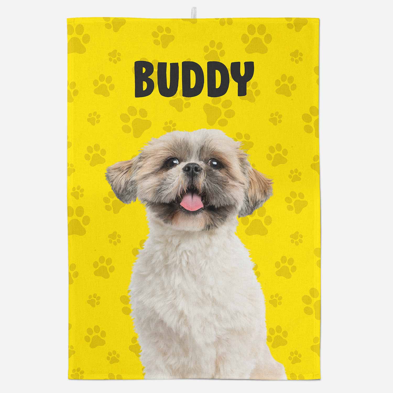 Dog with name 'Buddy' on a yellow background with paw prints