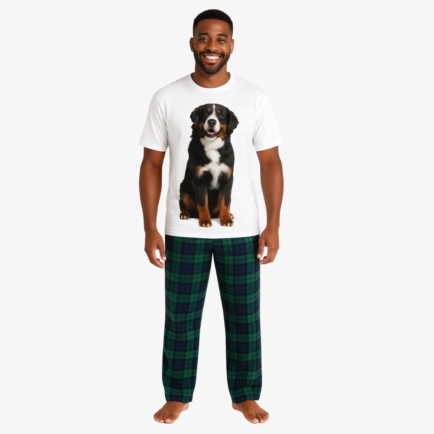 Men's Dog Face Pajamas - Green Tartan Pant Set