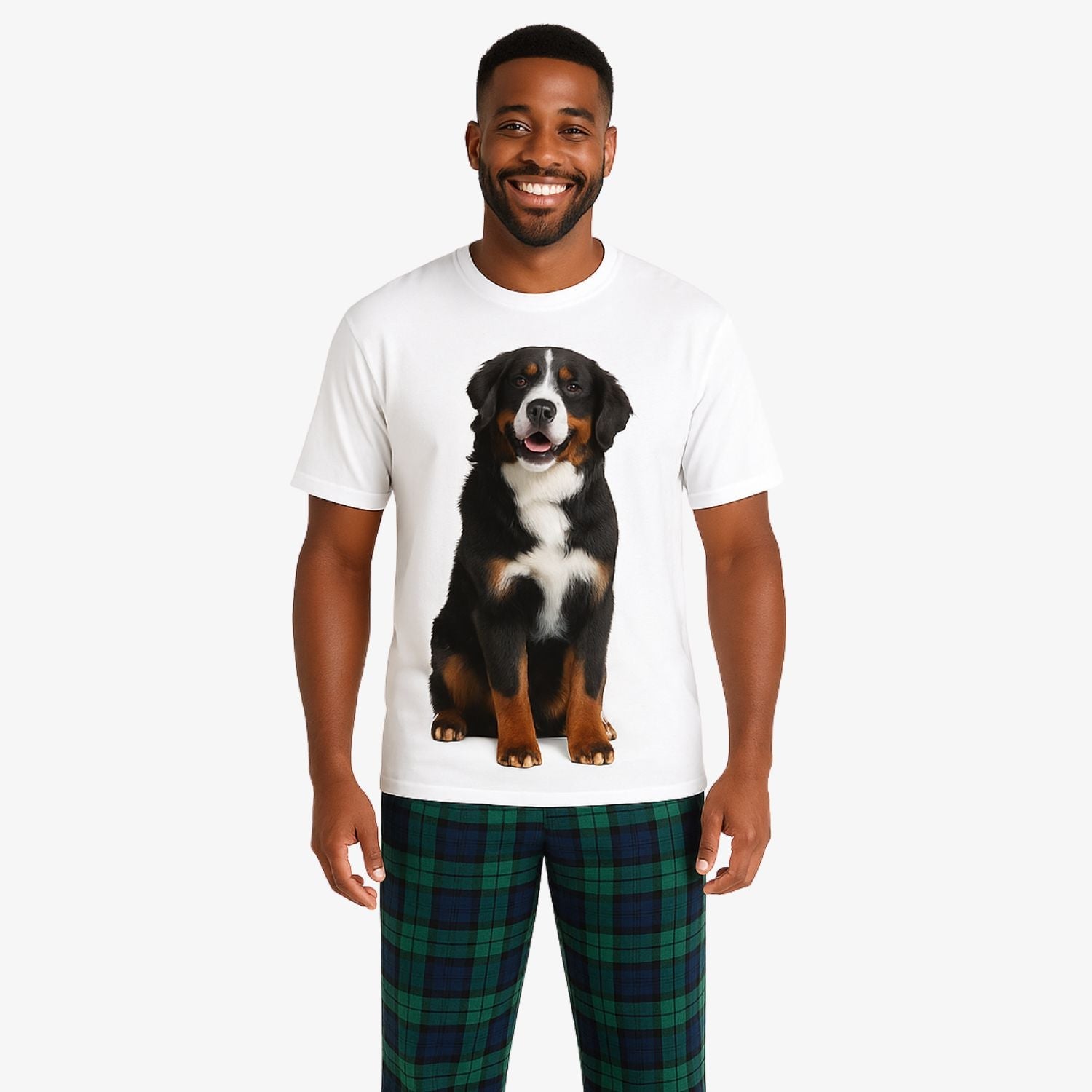 Men's Dog Face Pajamas - Green Tartan Trouser Set