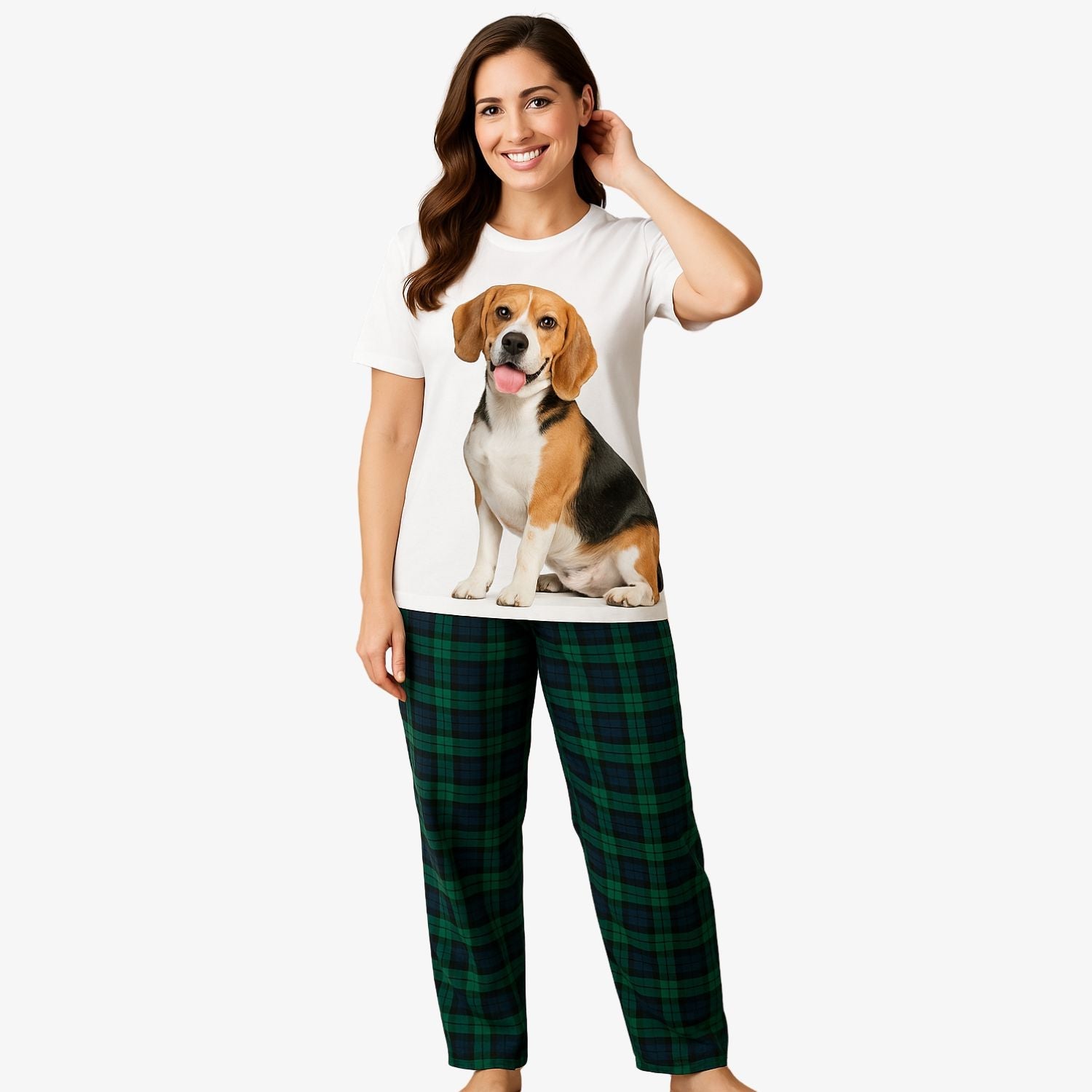 Women's Dog Photo Pajamas - Green Tartan Pant Set