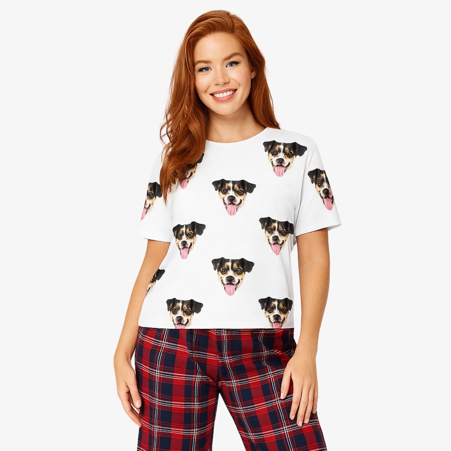 Women's Dog personalized Pajamas - Red Tartan Trouser Set