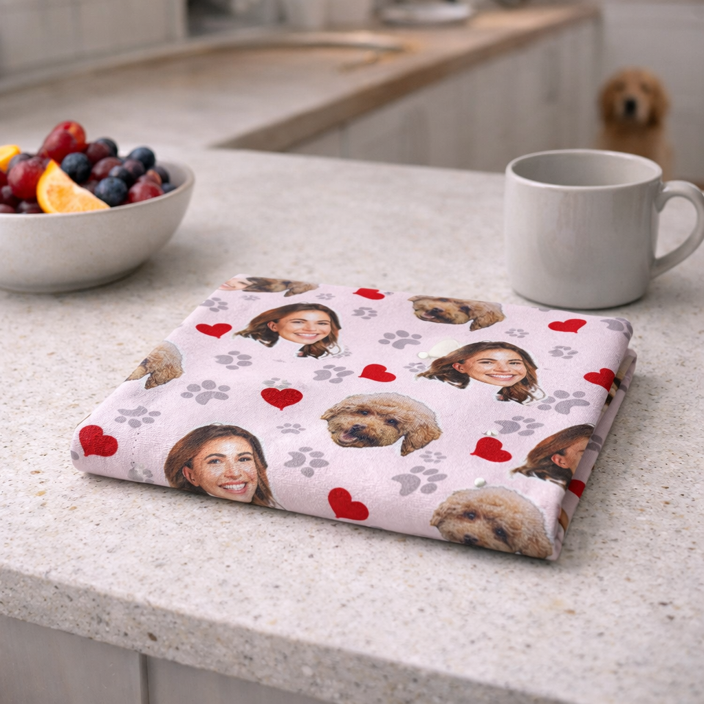Dog Paw Prints & Hearts Personalized Dish Towel