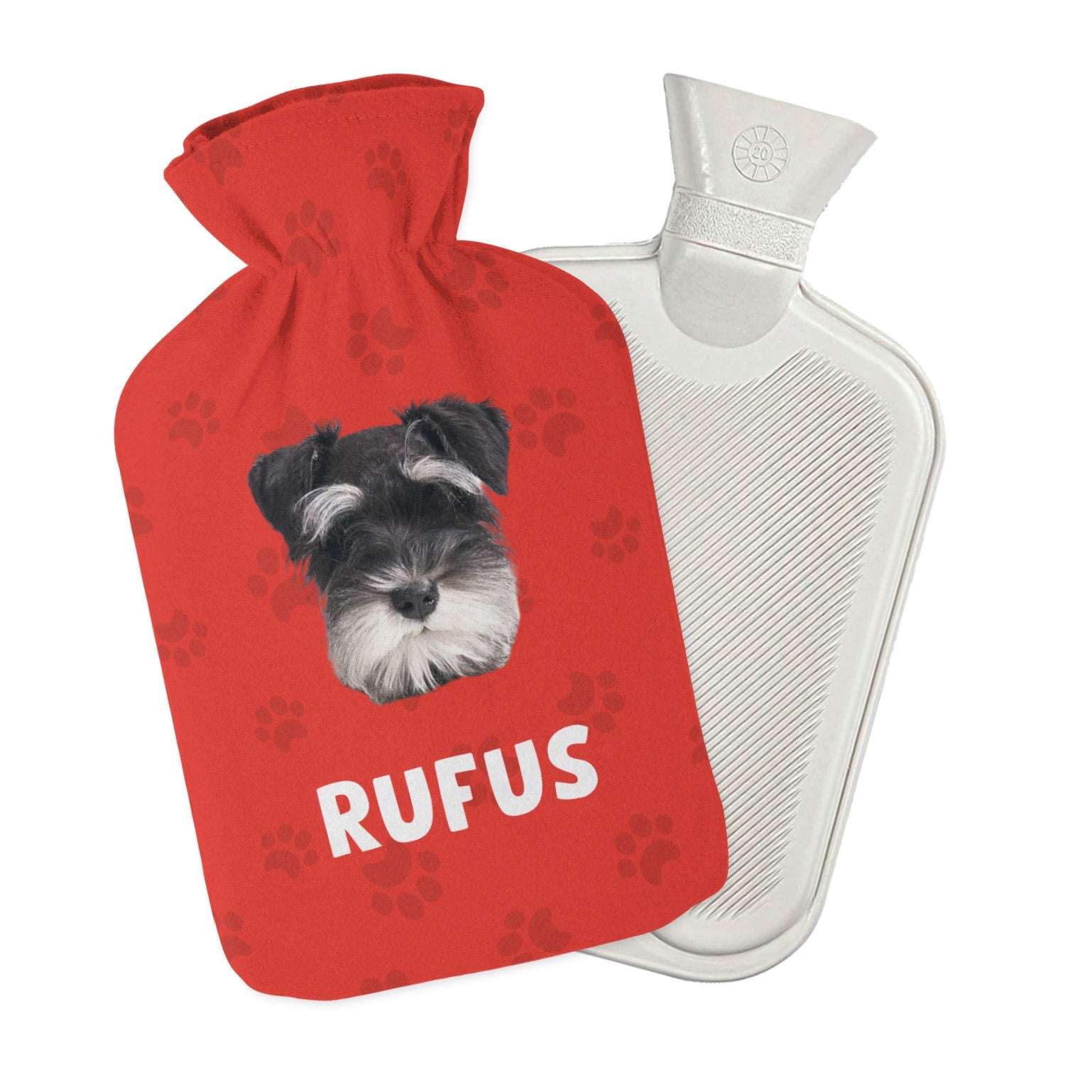 personalized hot water bottle featuring your dogs face and name