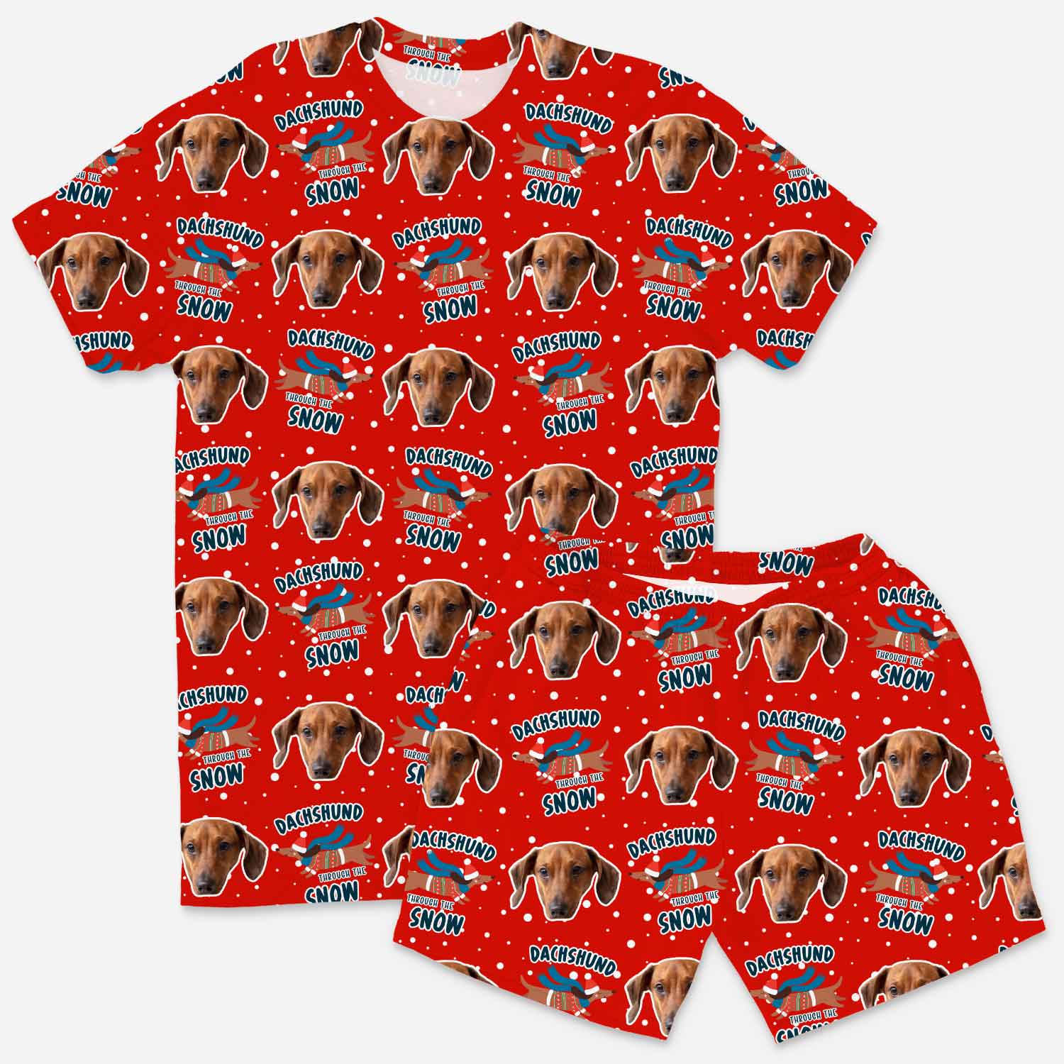 Red pajama set with dachshund pattern on a white background