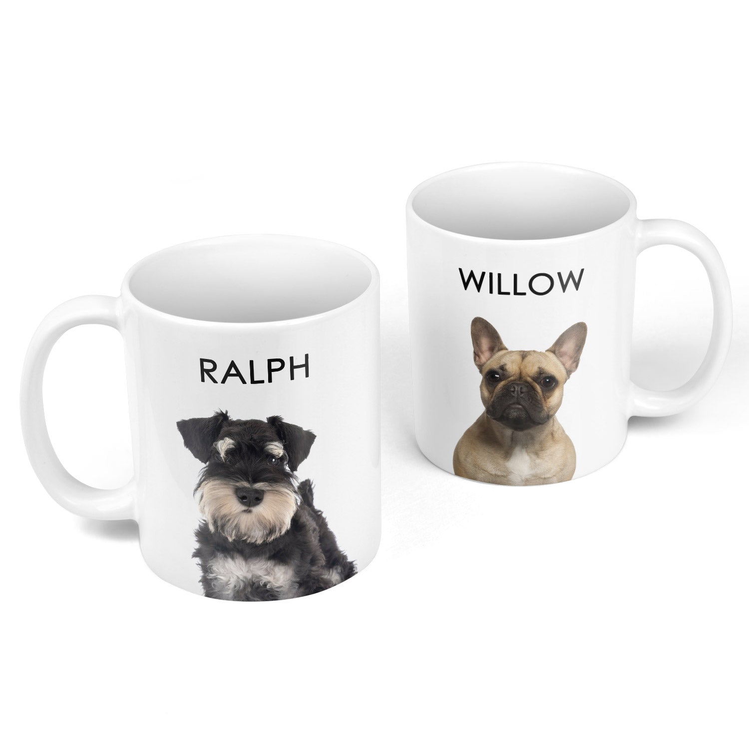 Two white mugs with dog illustrations and names 'Ralph' and 'Willow' on a white background.