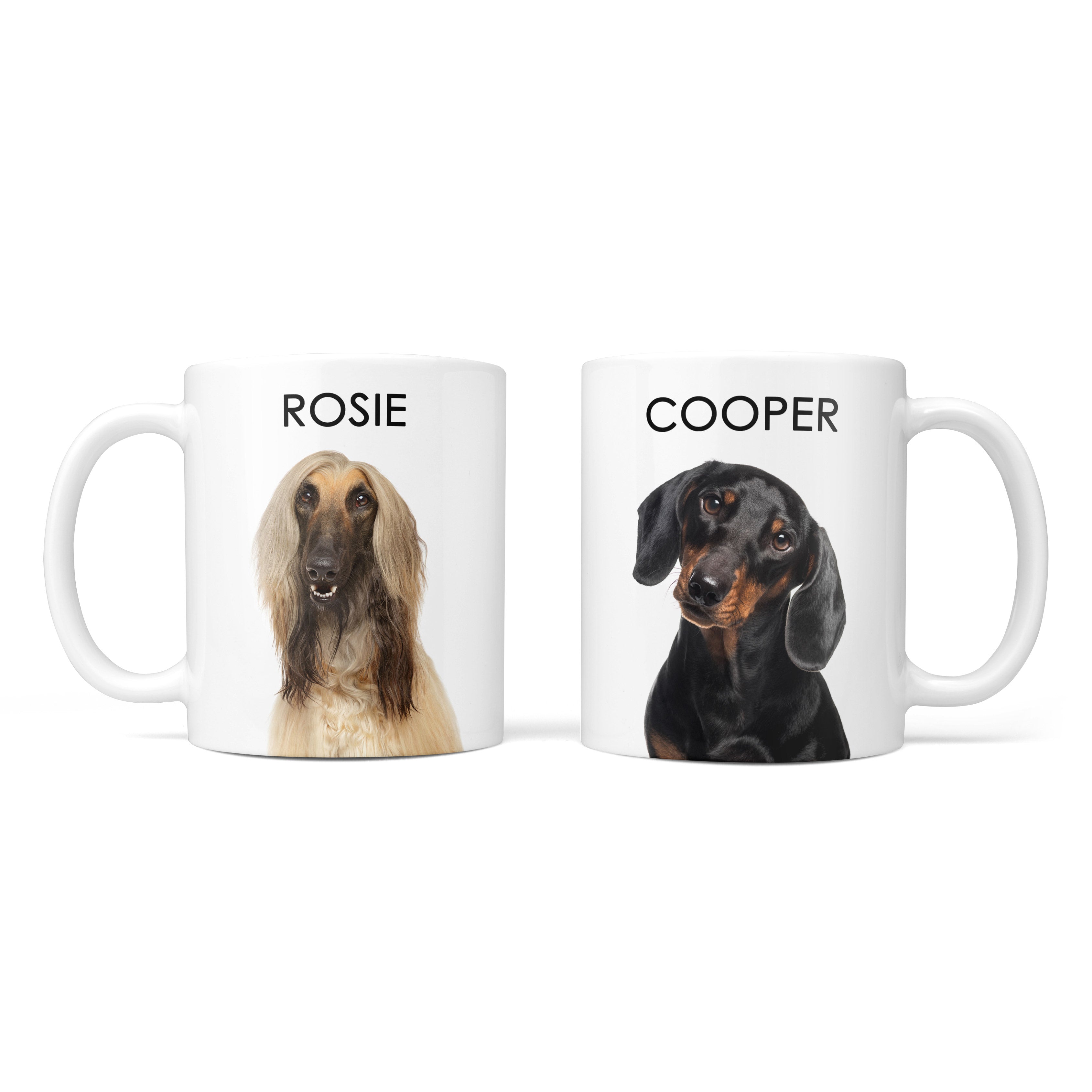 Two mugs with dog portraits and names 'Rosie' and 'Cooper' on a white background