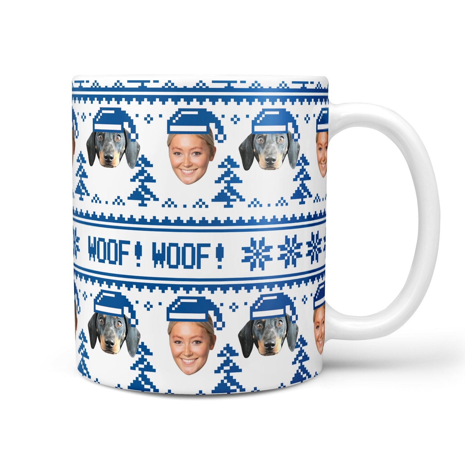 Mug with a pattern of dogs, a person, and 'WOOF! WOOF!' text on a white background