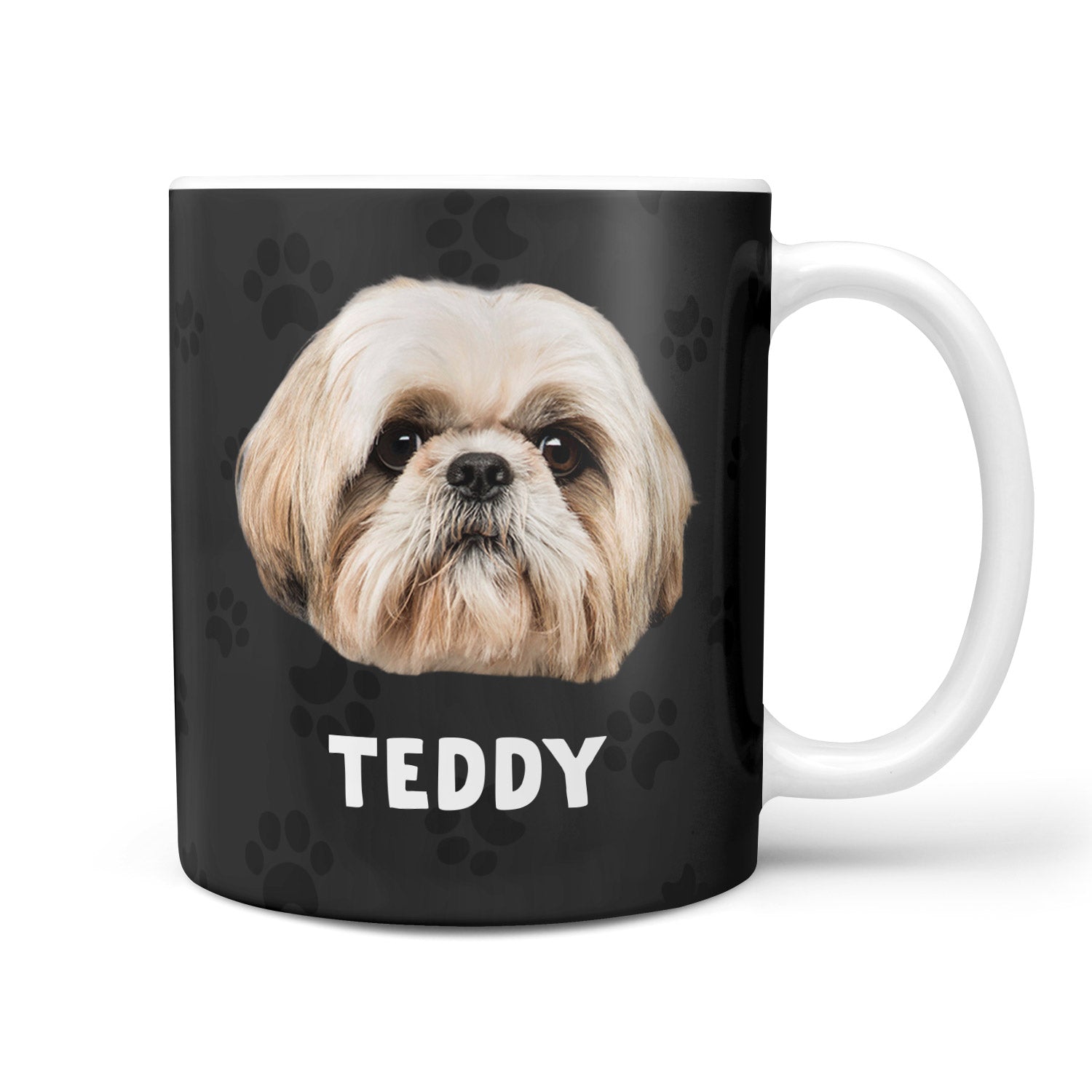 Black mug with a dog's face and name 'Teddy' on a white background