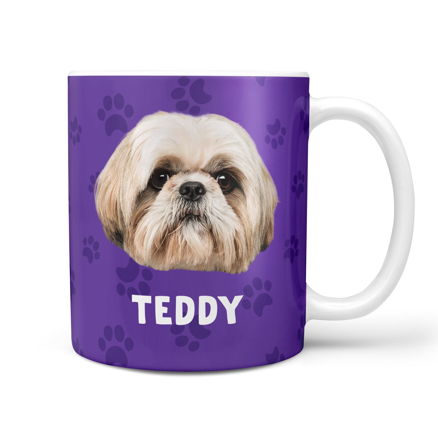 Mug with a dog's face and name 'Teddy' on a purple background with paw prints