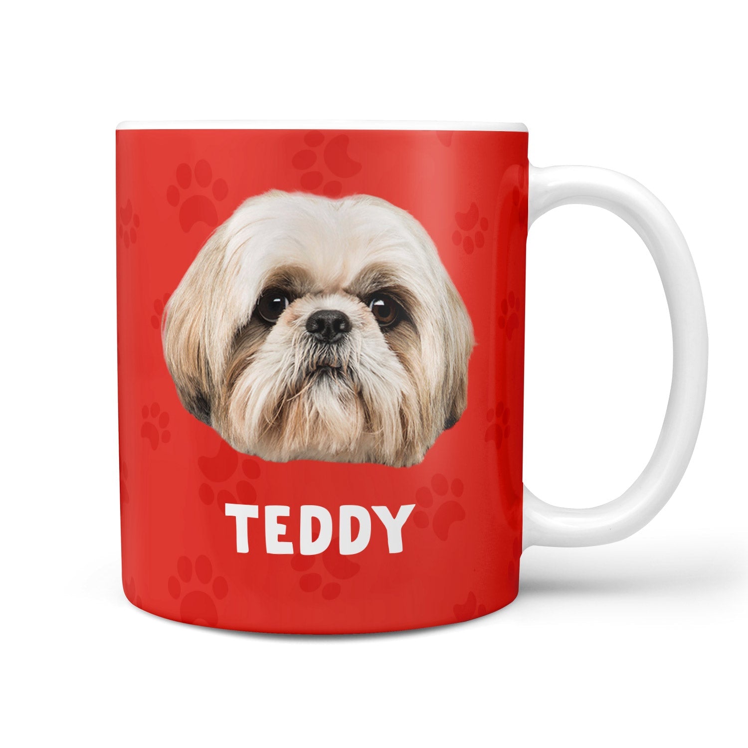 Red mug with a dog's face and name 'Teddy' on a white background