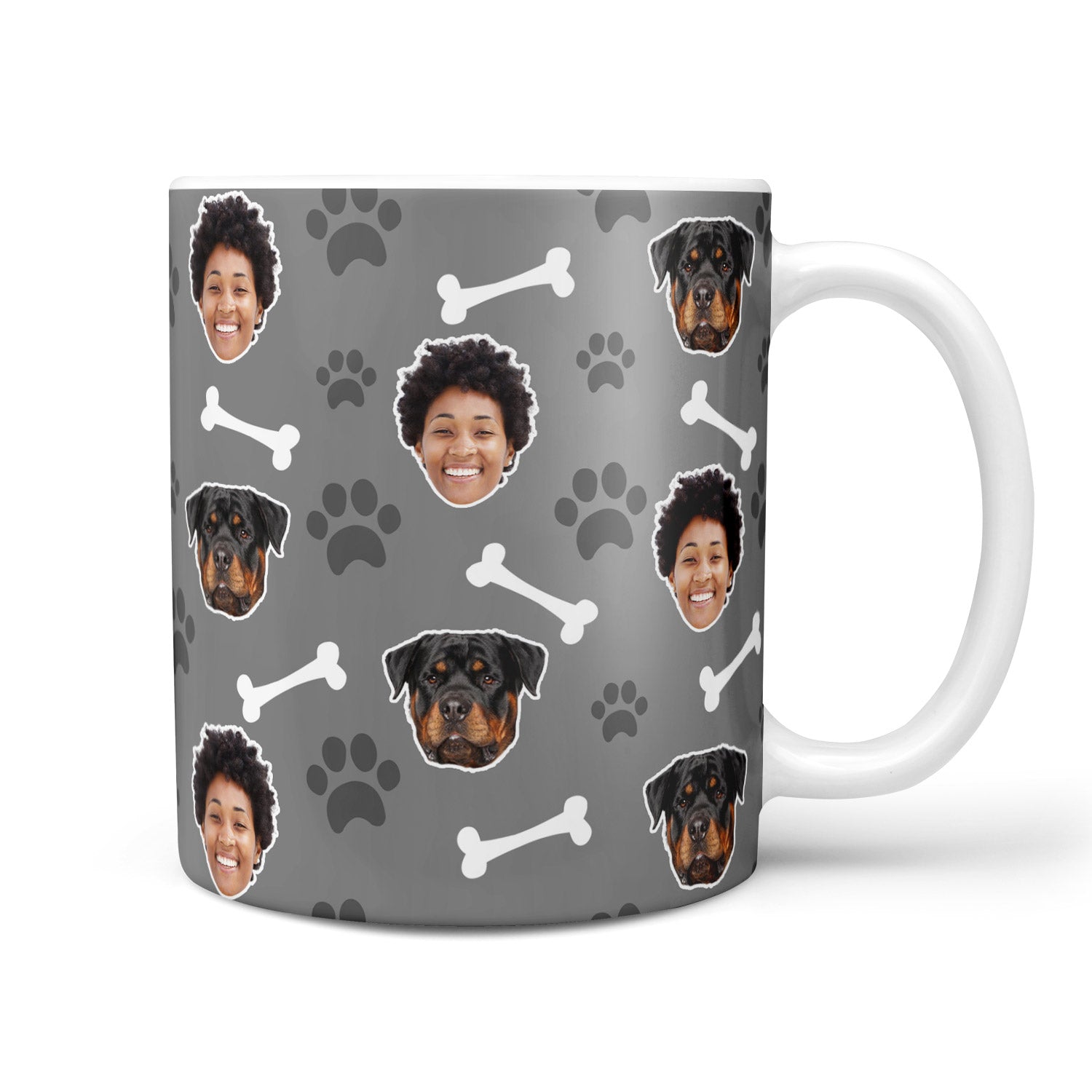 Mug with dog and person faces on a gray background