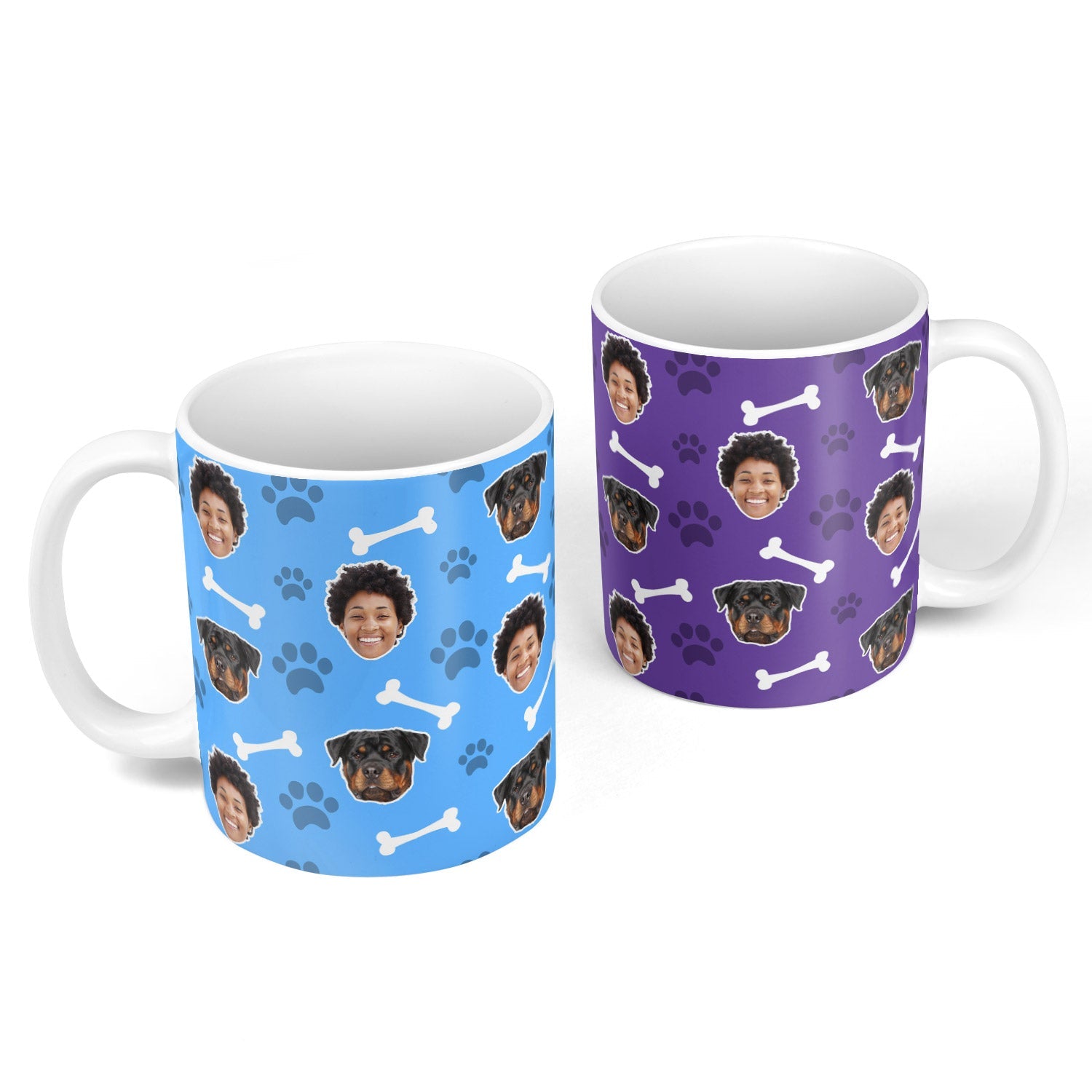 Two mugs with personalized patterns on a white background
