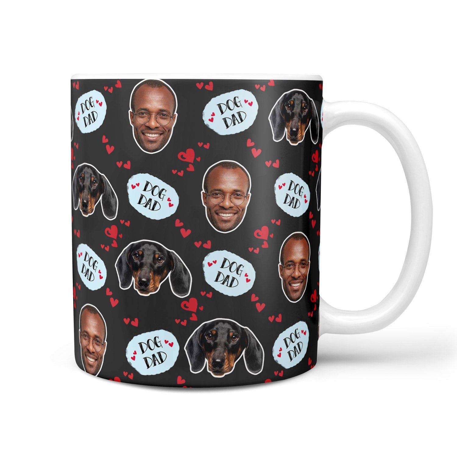 Mug with dog dad design featuring a man's face and dachshunds on a black background.