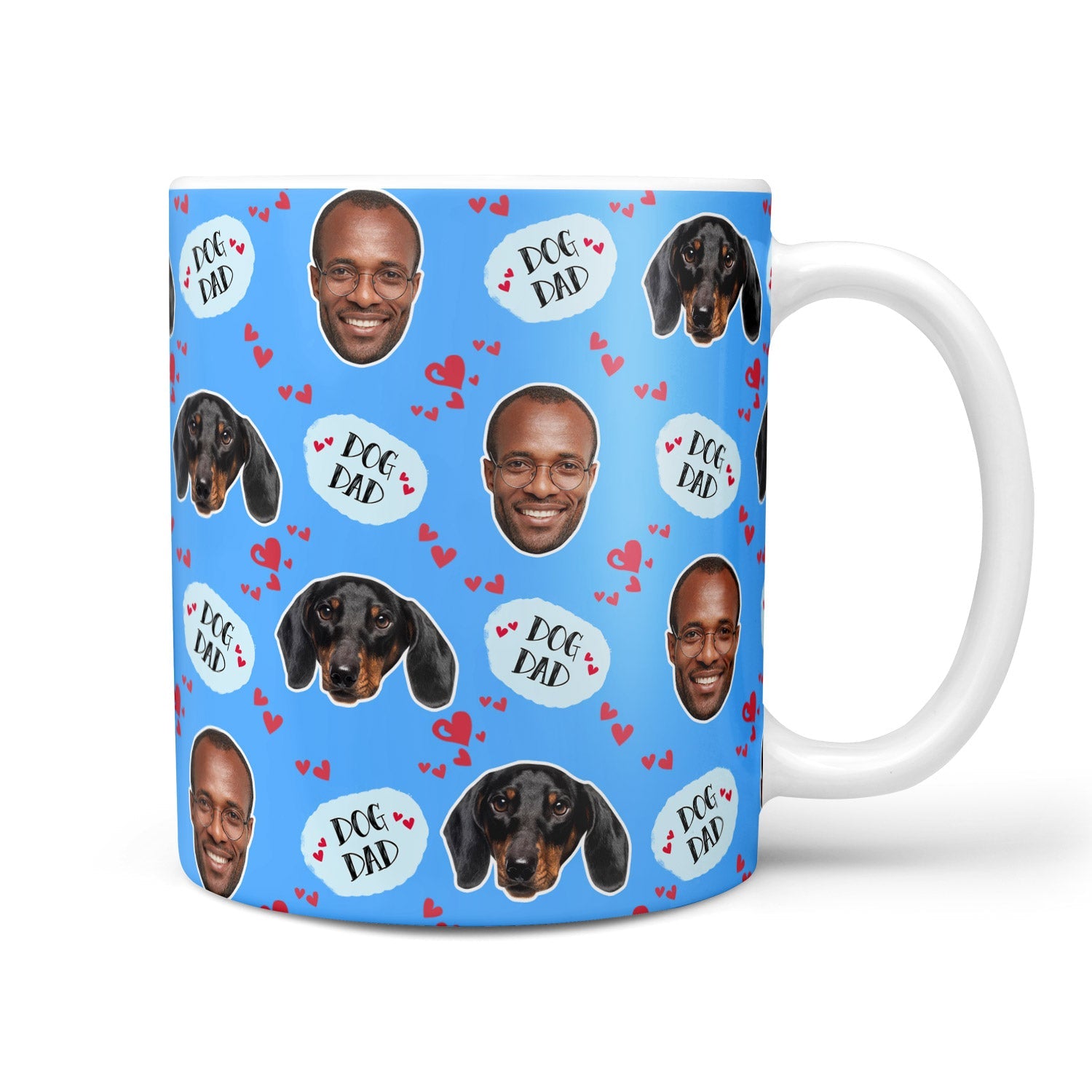 Mug with dog and 'Dog Dad' text pattern on a blue background